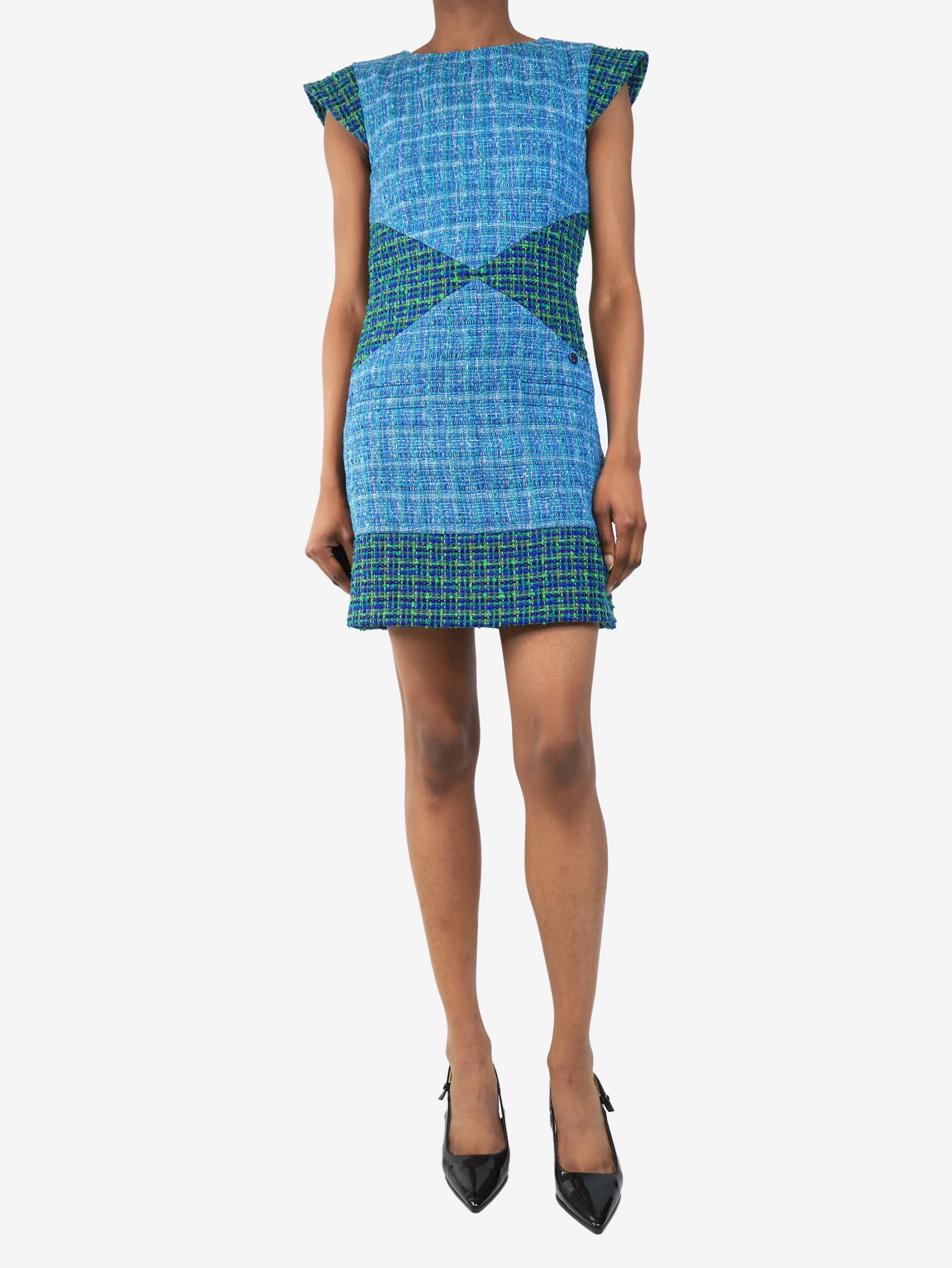2017/2018 Cruise Collection blue and green tweed shift dress - size UK 6
