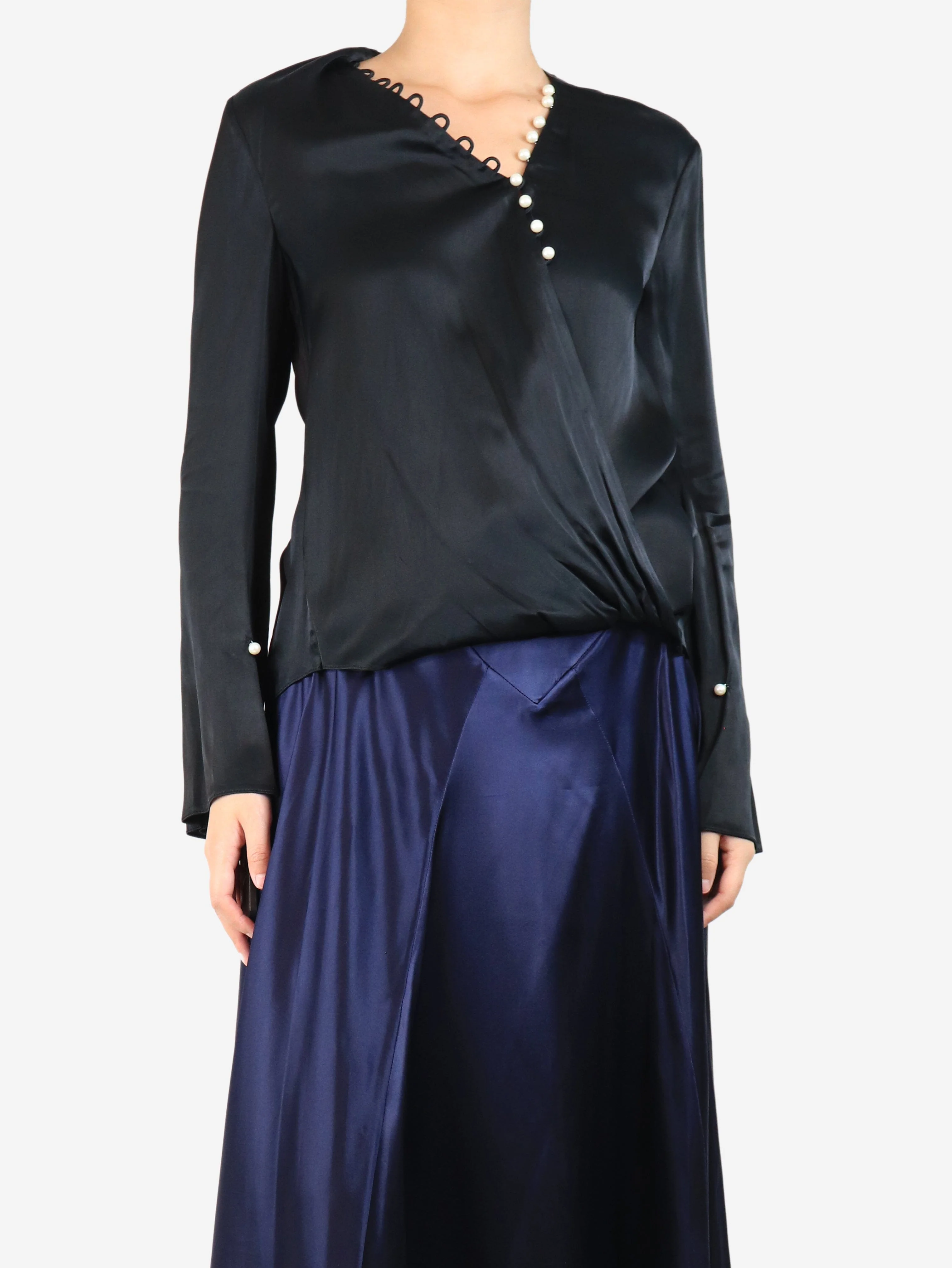 Black satin pearl drape blouse - size UK 8 - Image 3