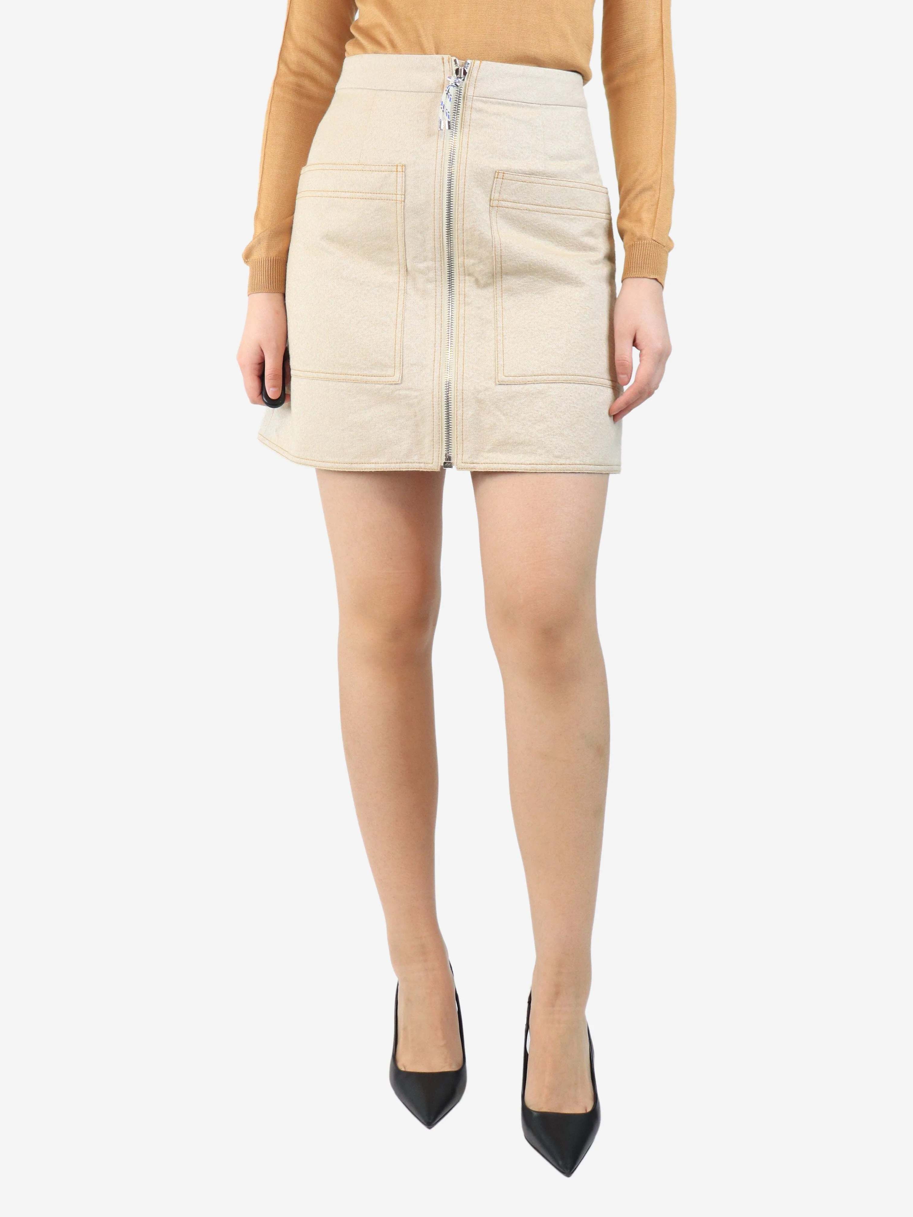 Beige zip front mini skirt - size UK 10