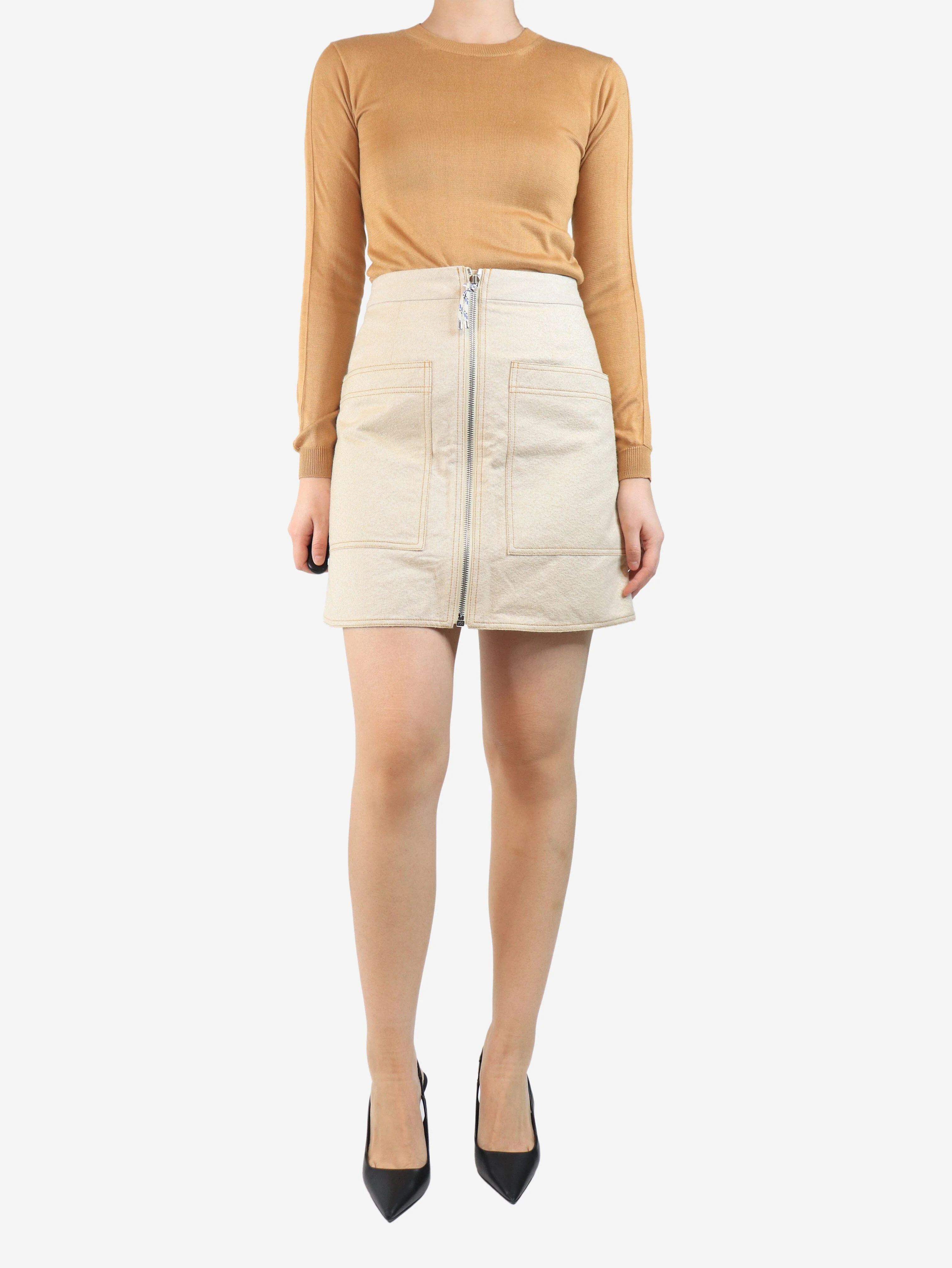 Beige zip front mini skirt - size UK 10 - Image 2
