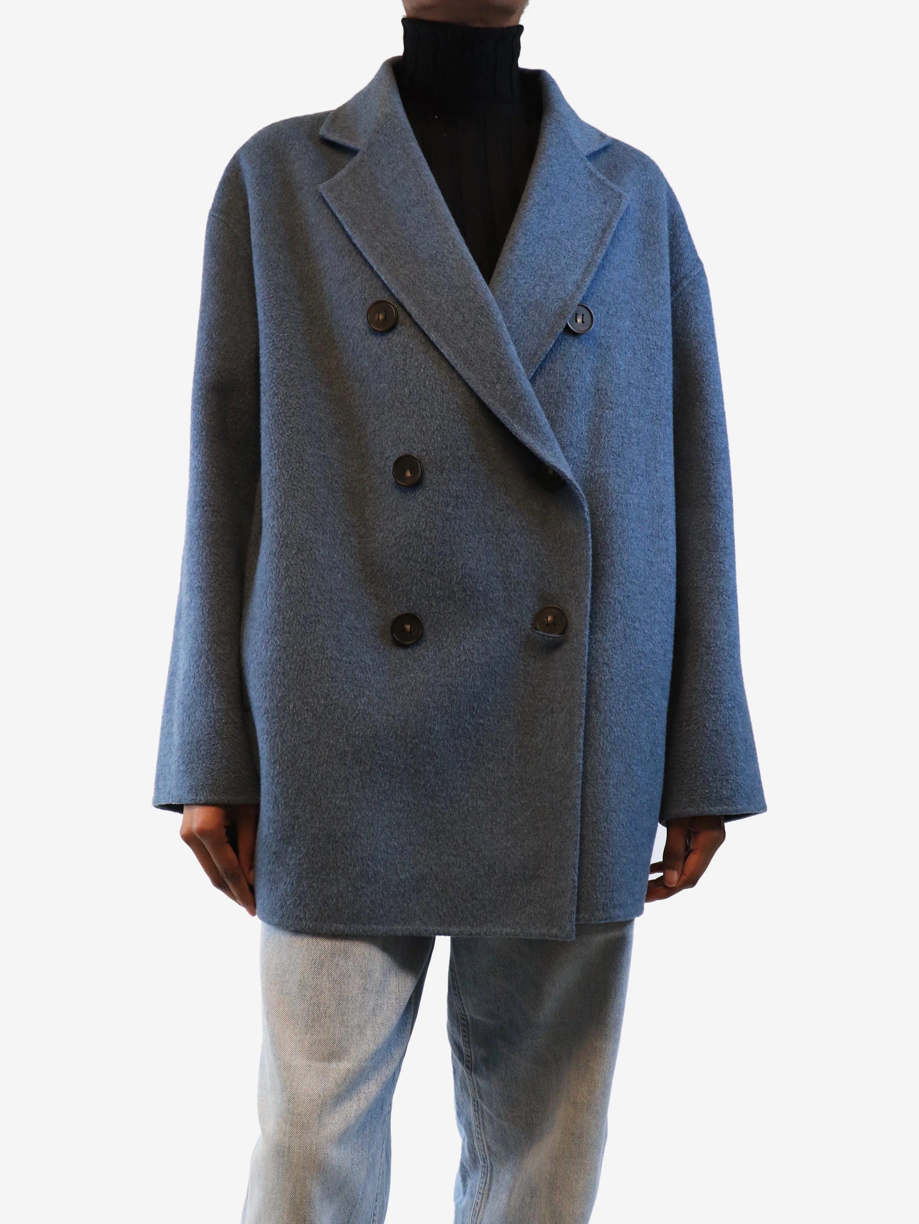 Blue double-breasted wool coat - size UK 4