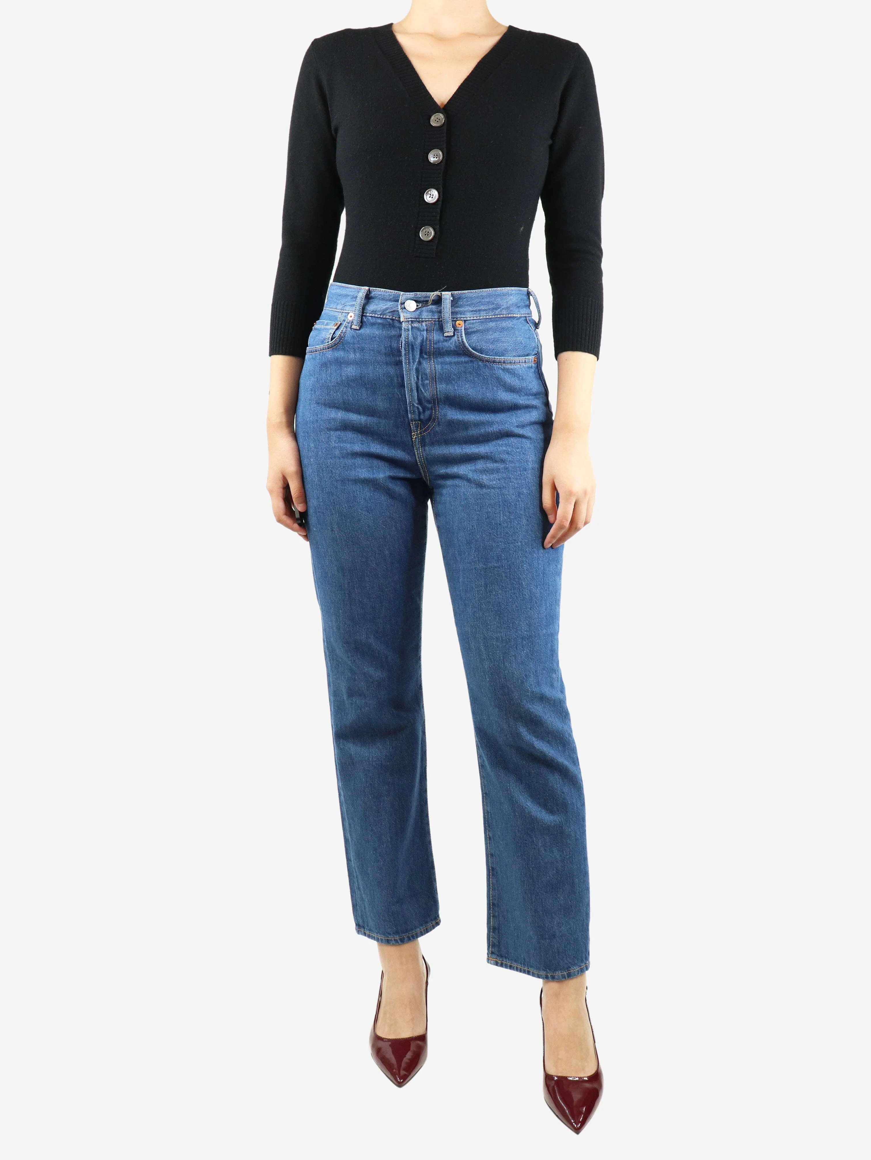 Blue high-rise straight-leg jeans - size UK 12