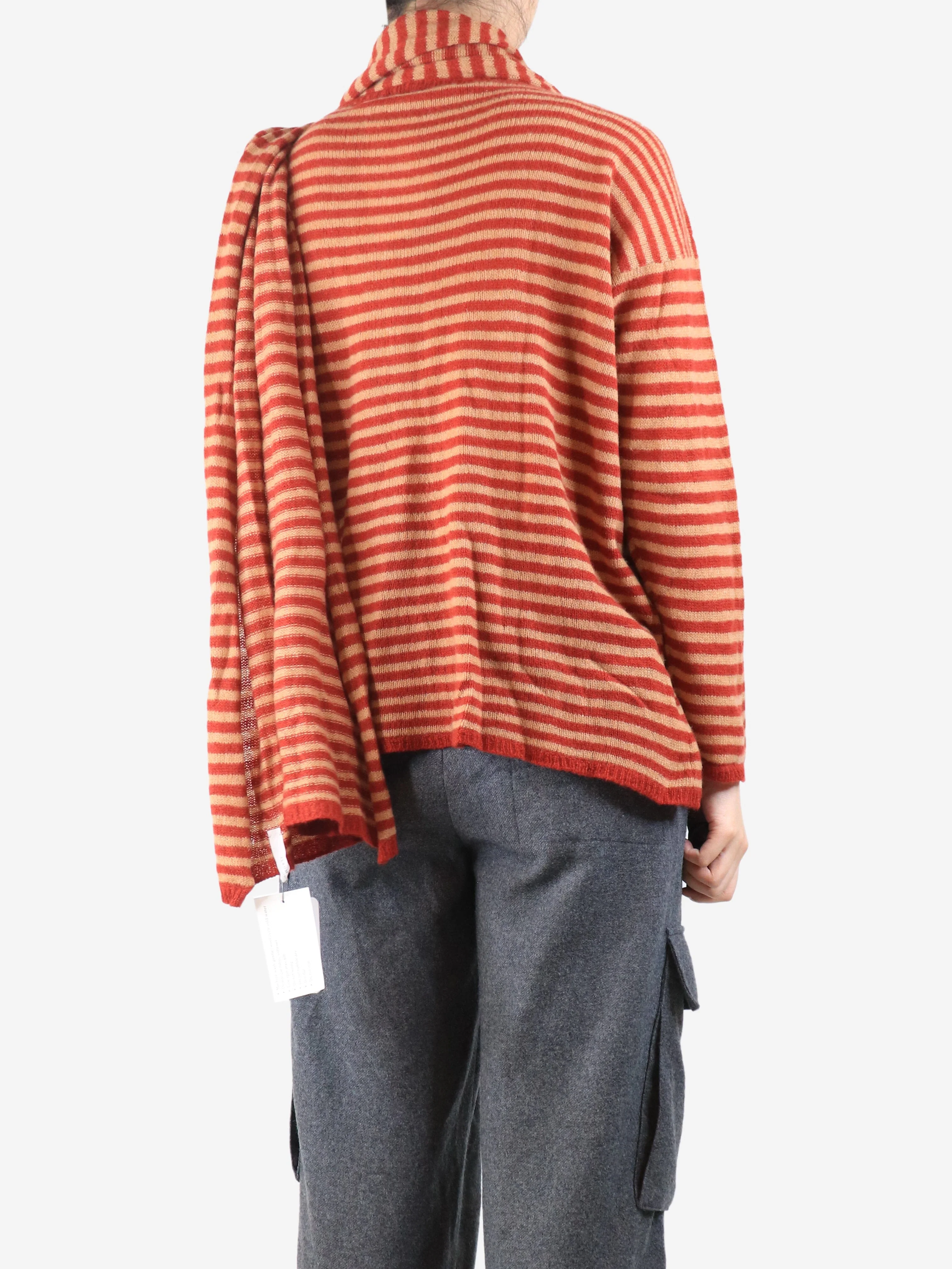 Red and beige striped cashmere cardigan and scarf set - One size - Image 2