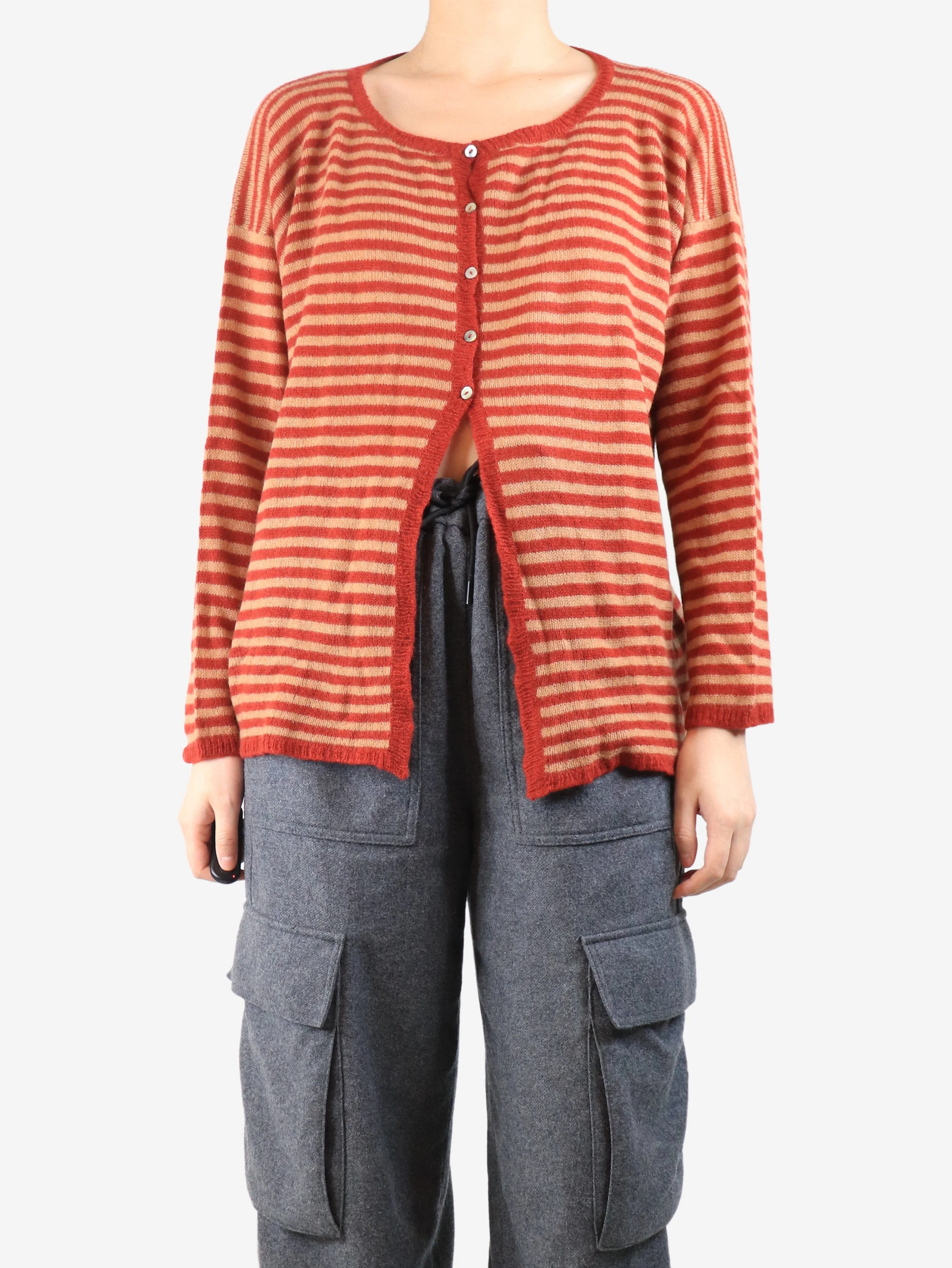 Red and beige striped cashmere cardigan and scarf set - One size - Image 3
