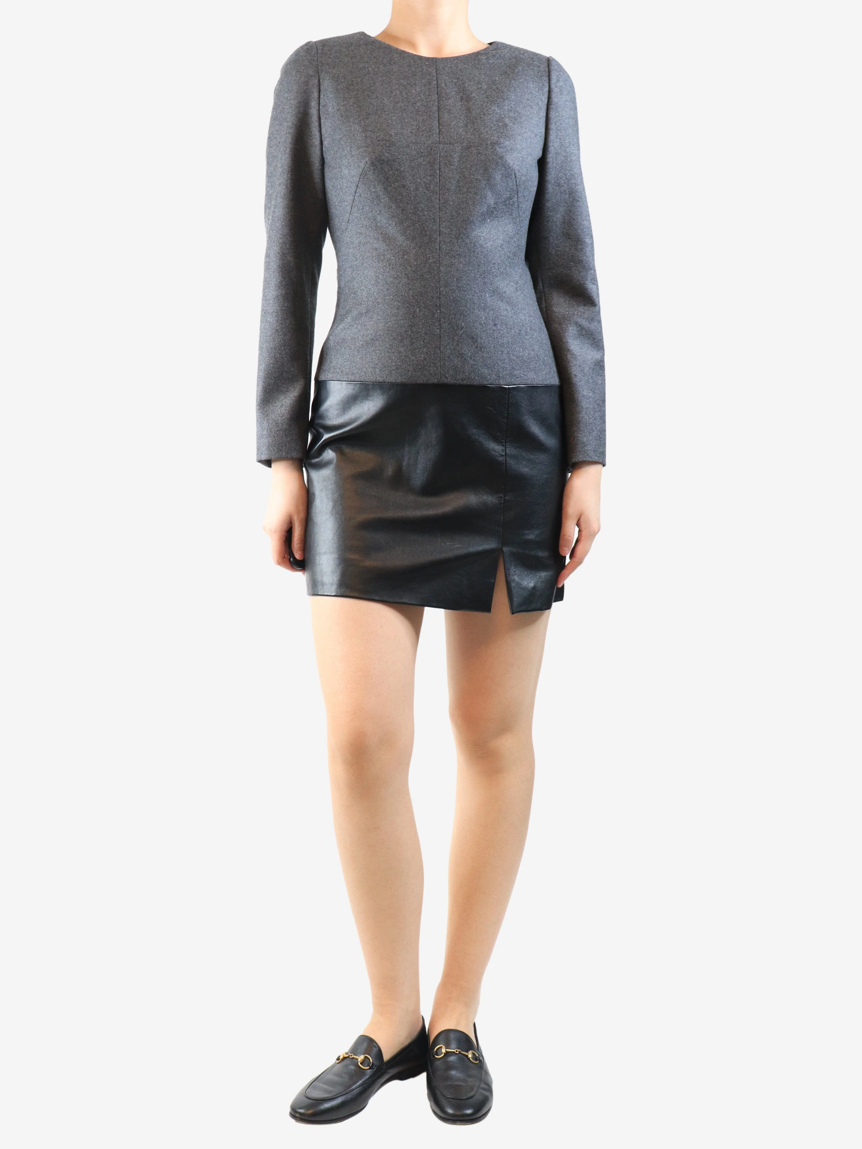 Dark grey wool and leather mini dress - size UK 10 - Image 3