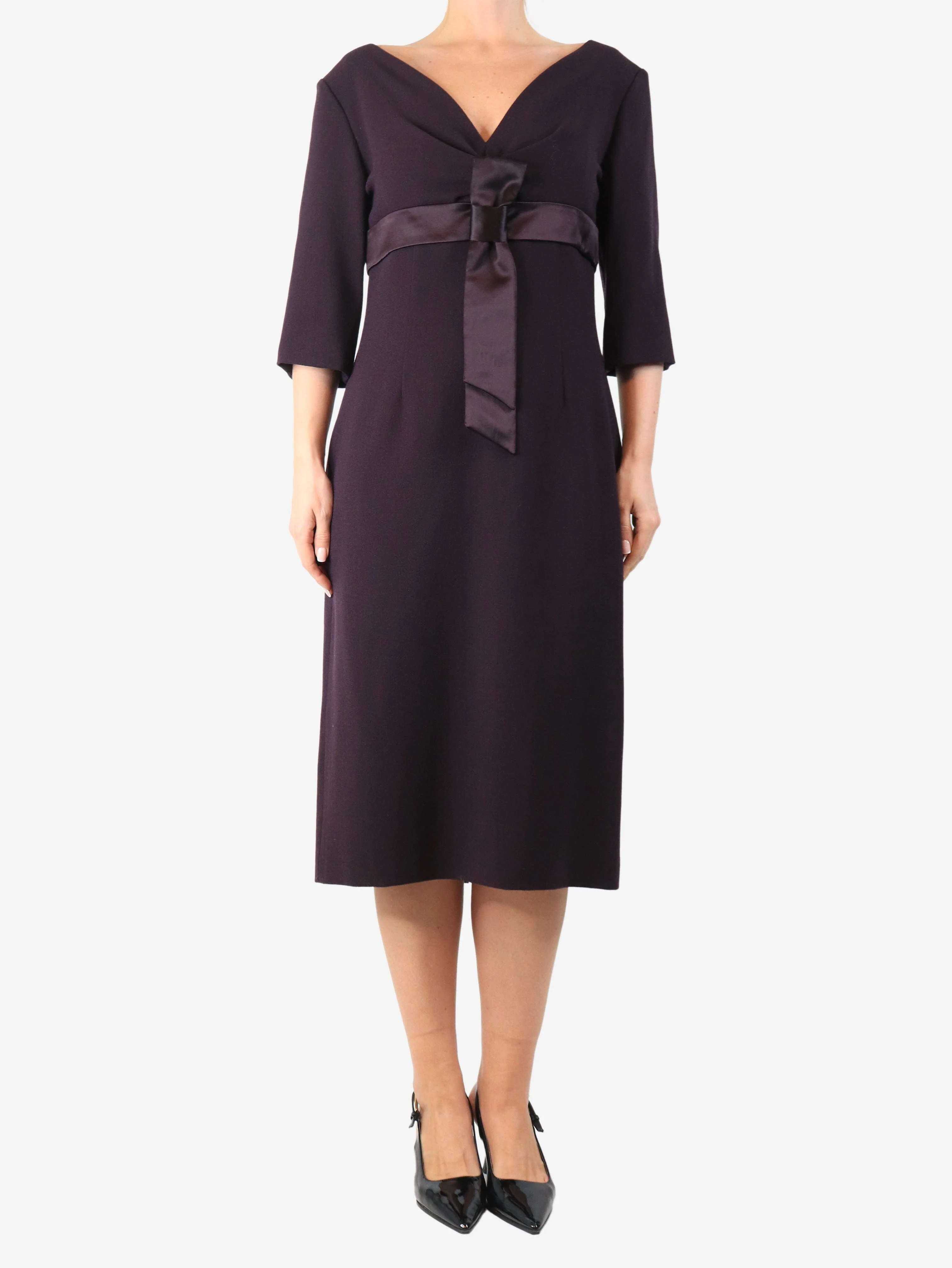Purple V-neck midi dress - size UK 14
