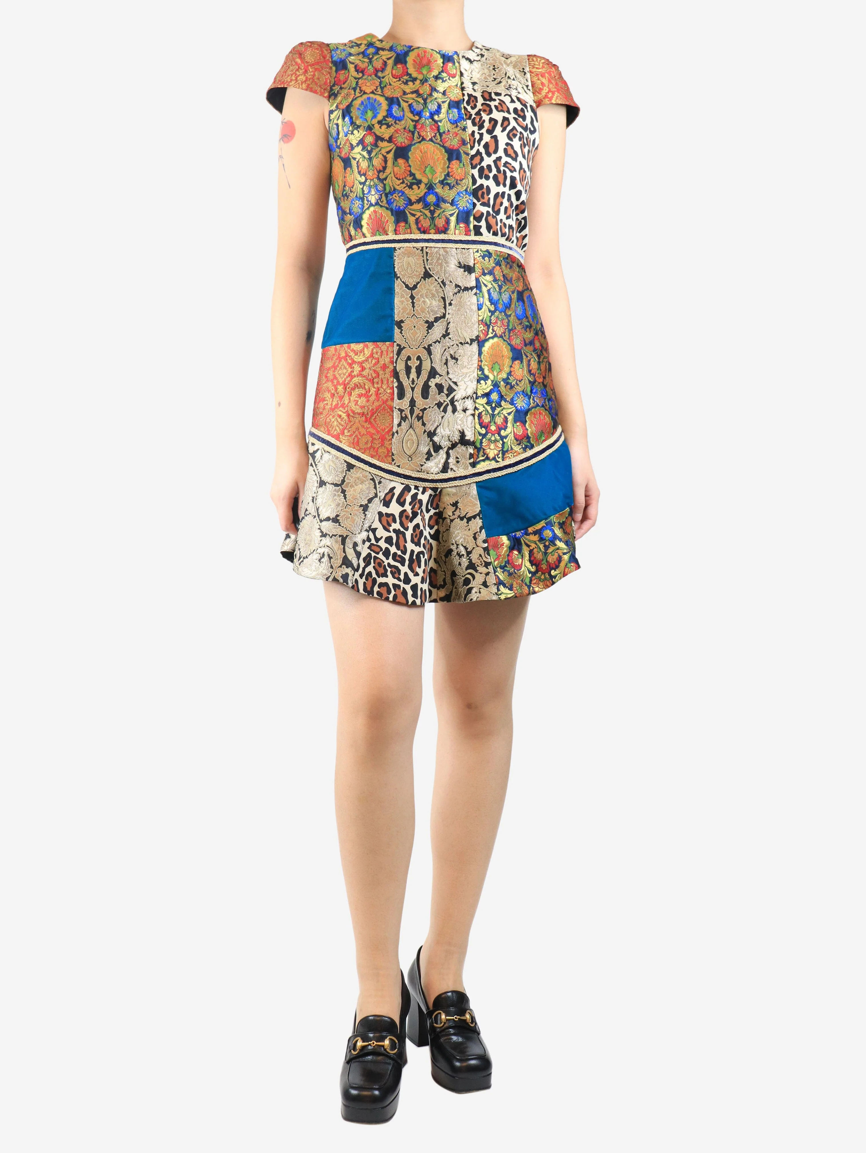Multicolour jacquard patchwork mini dress - size UK 10 - Image 3