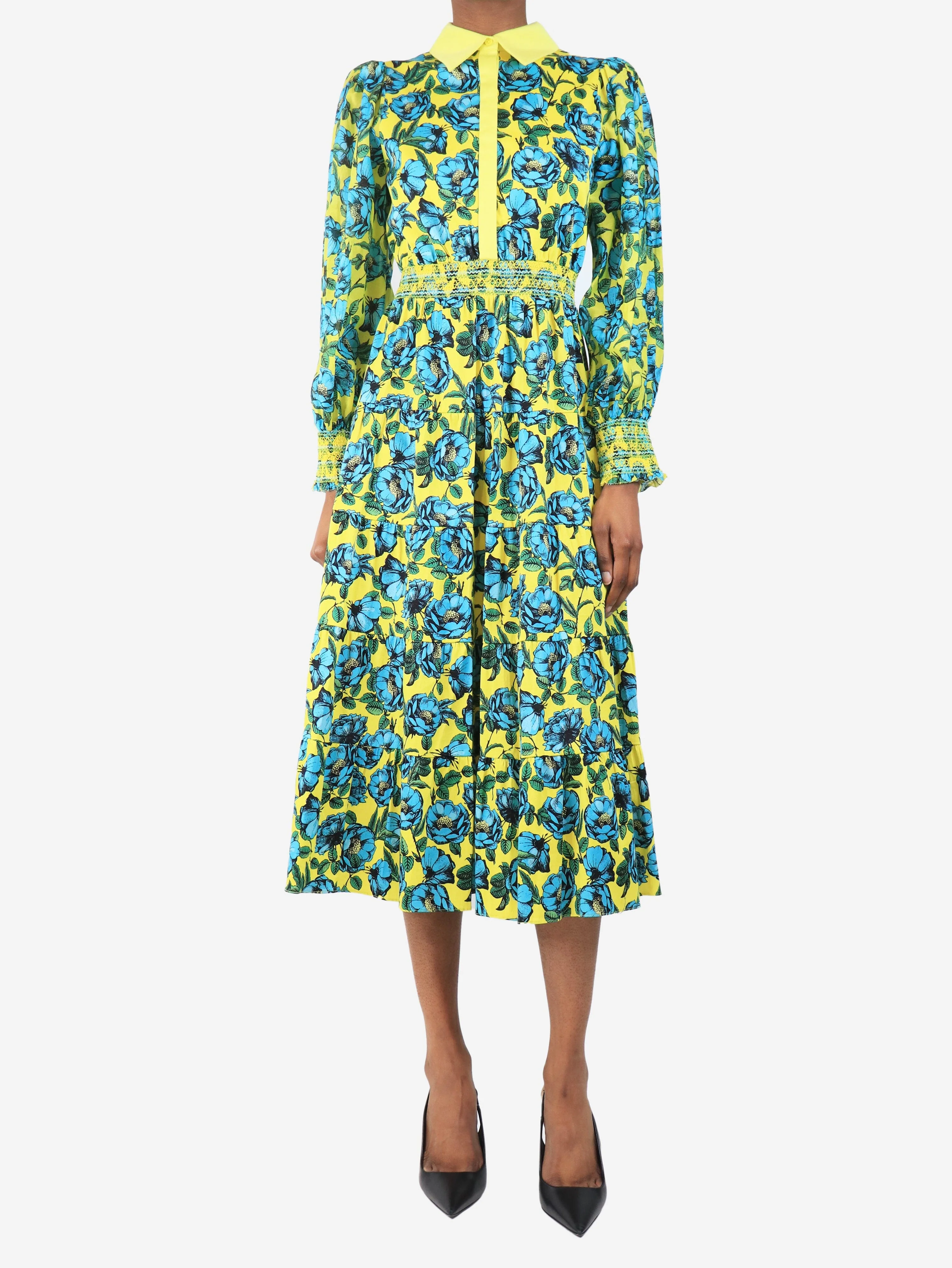 Yellow floral printed midi dress - size UK 6 - Image 3