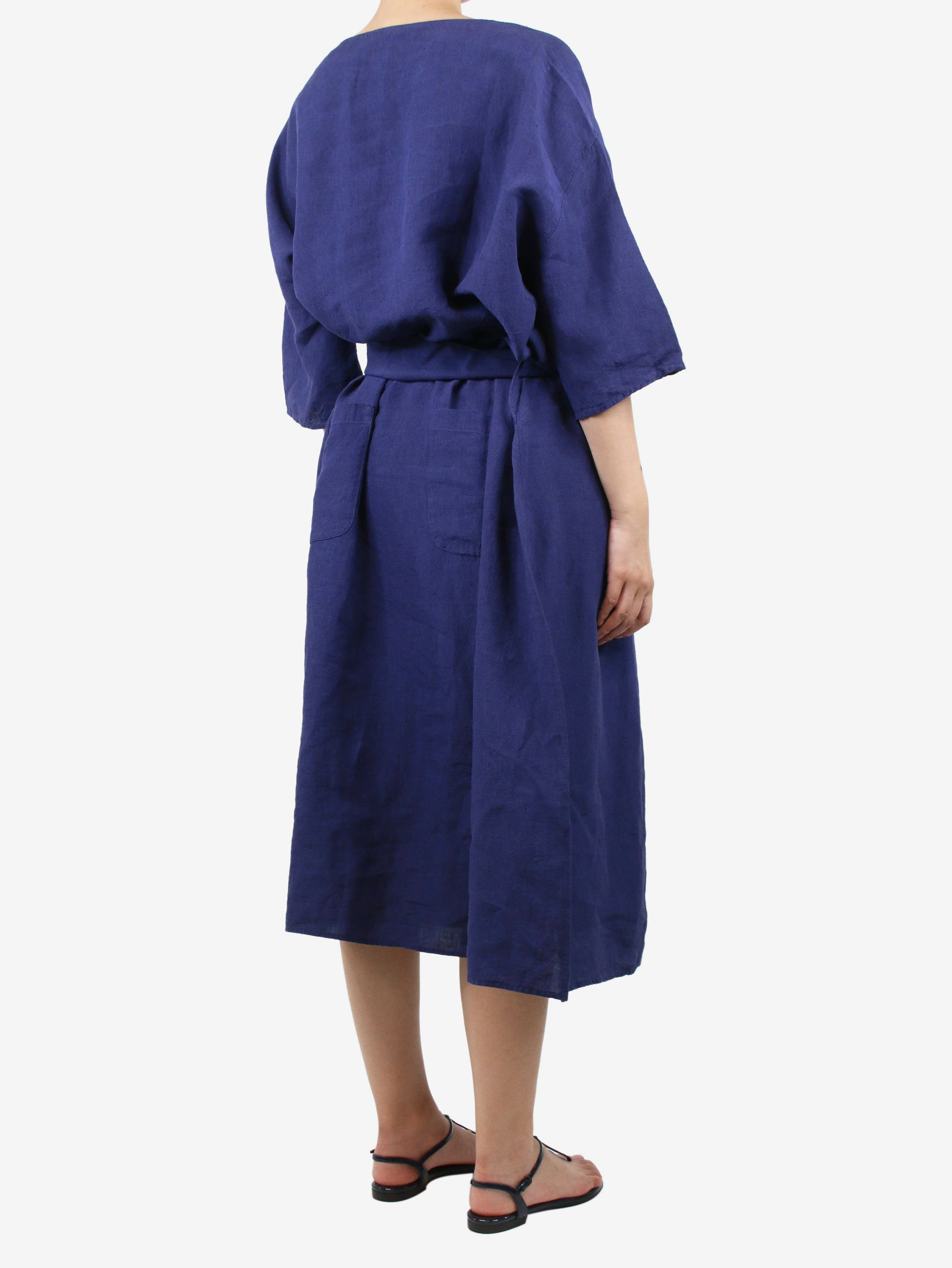 Purple belted linen midi dress - size UK 12