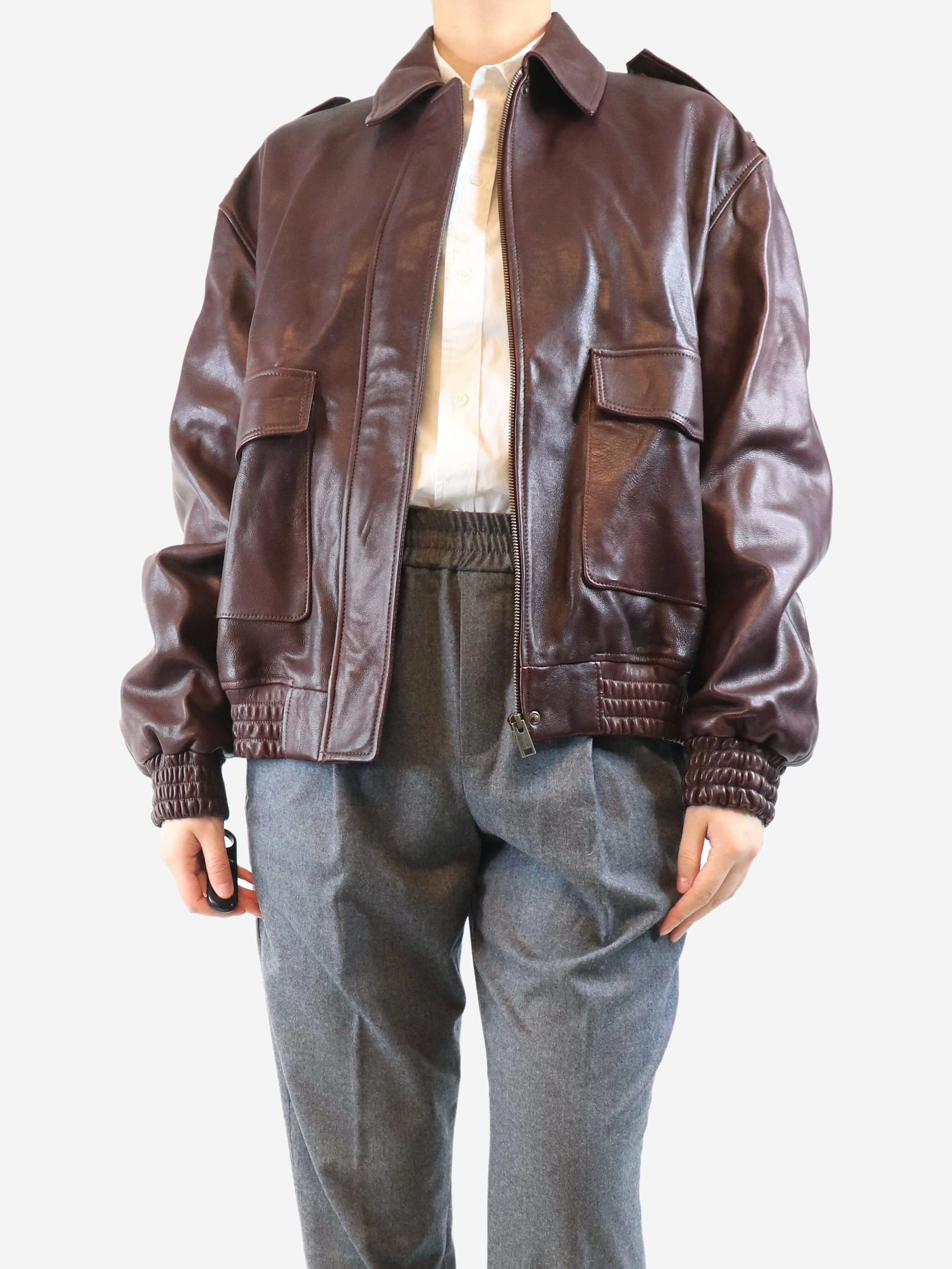 Burgundy leather jacket - size UK 10 - Image 3