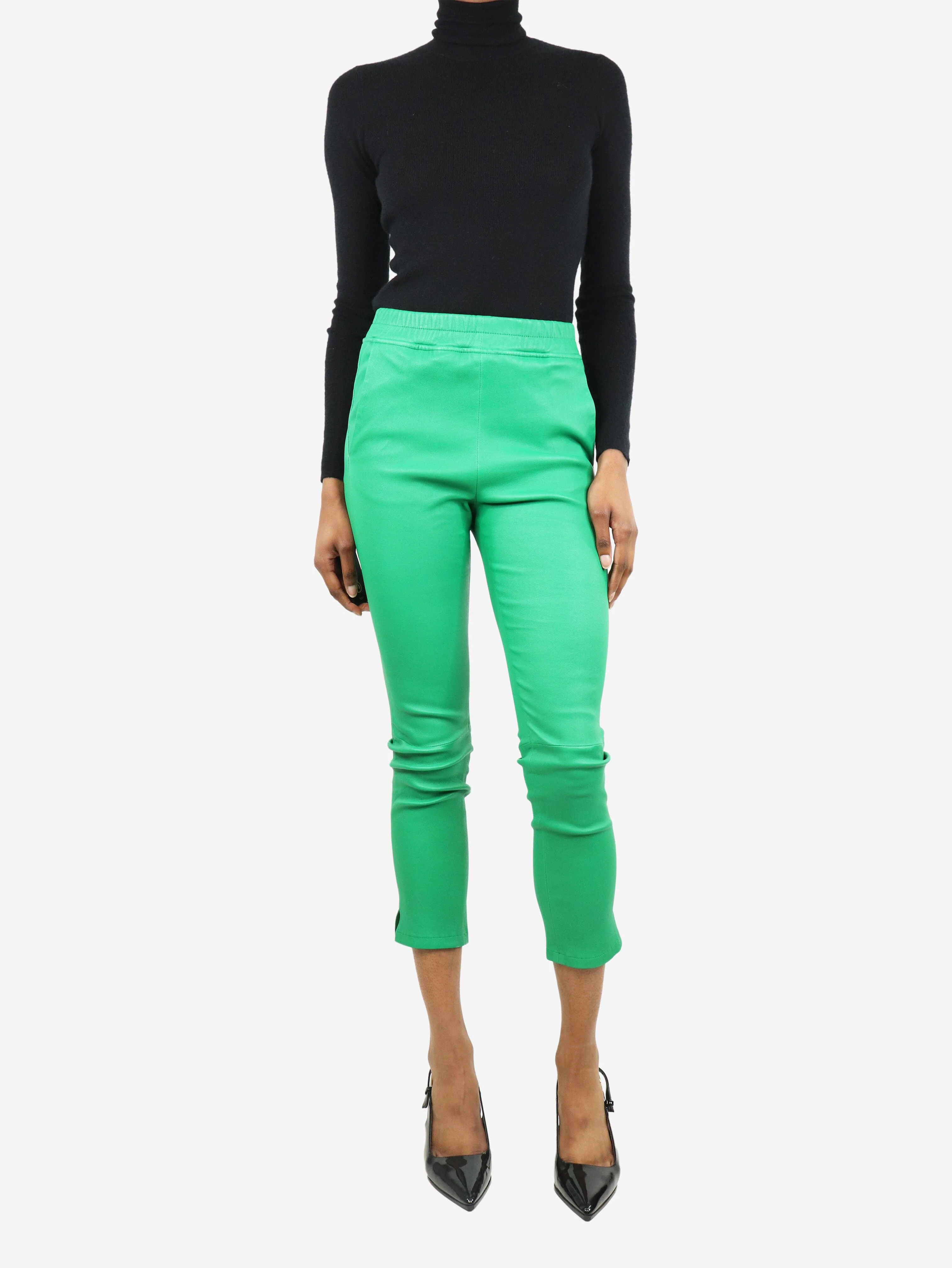 Green elasticated leather trousers - size UK 8 - Image 2