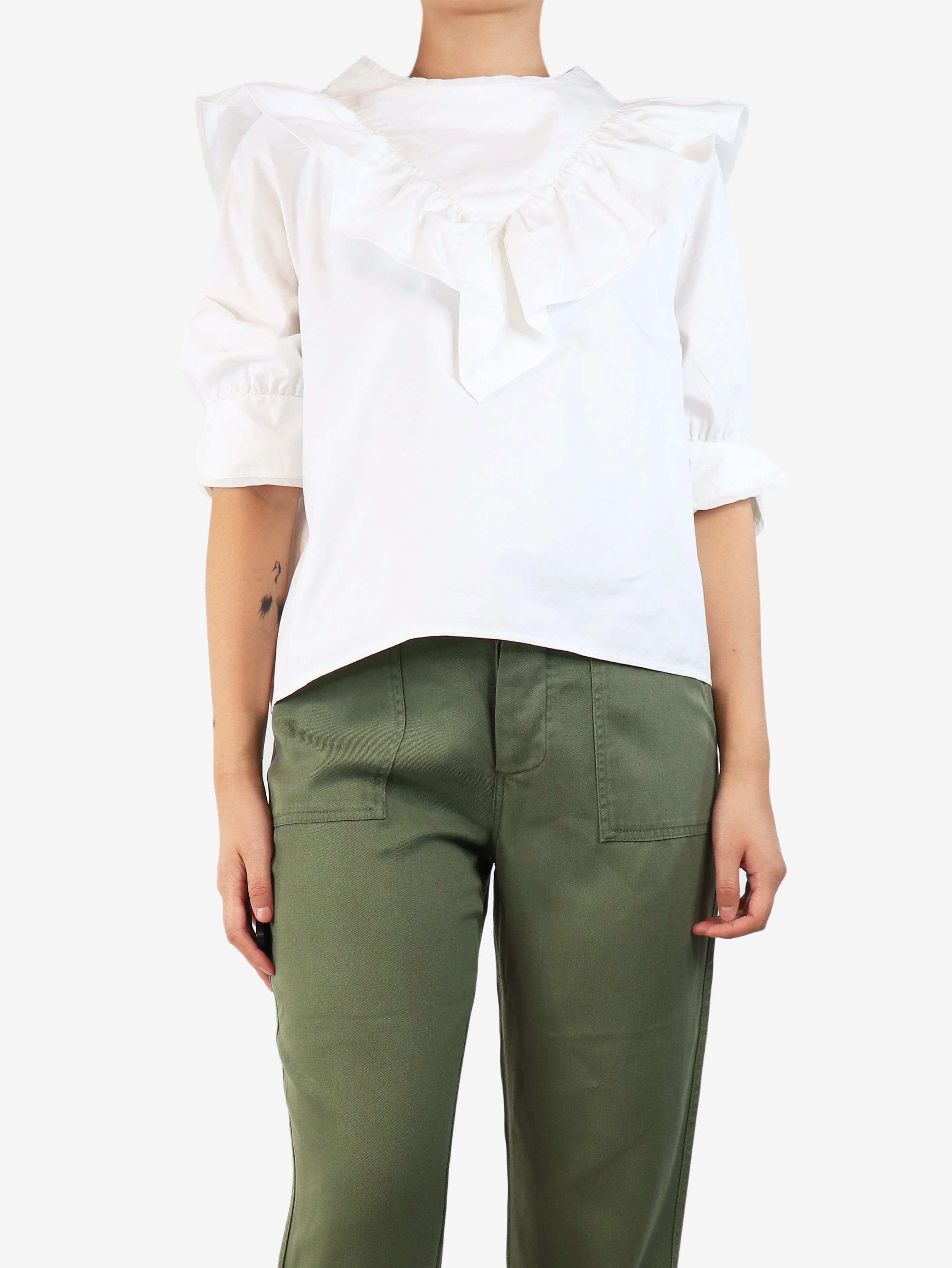 White cotton ruffled blouse - size UK 10 - Image 3