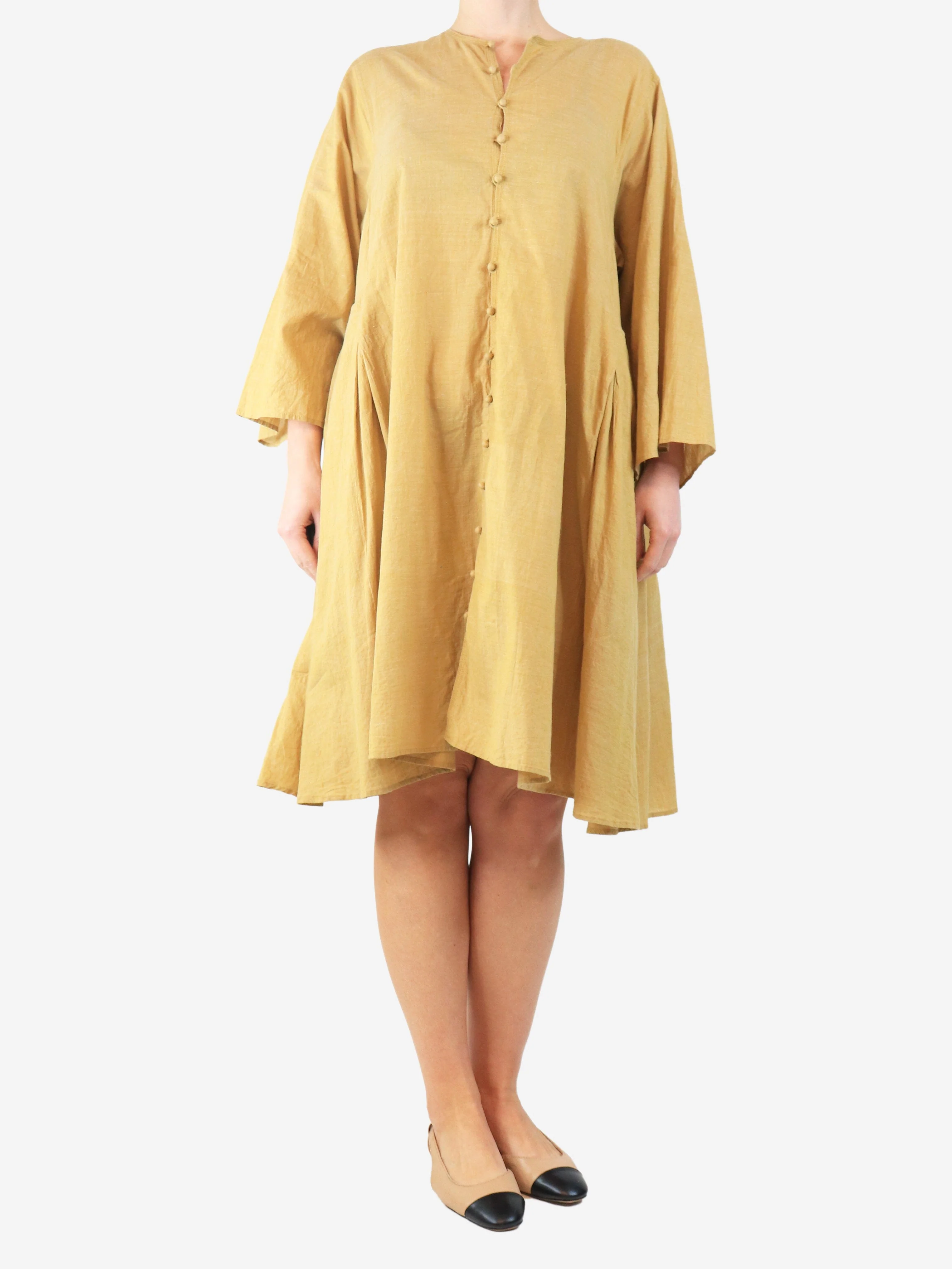 Mustard button-front midi dress - size M