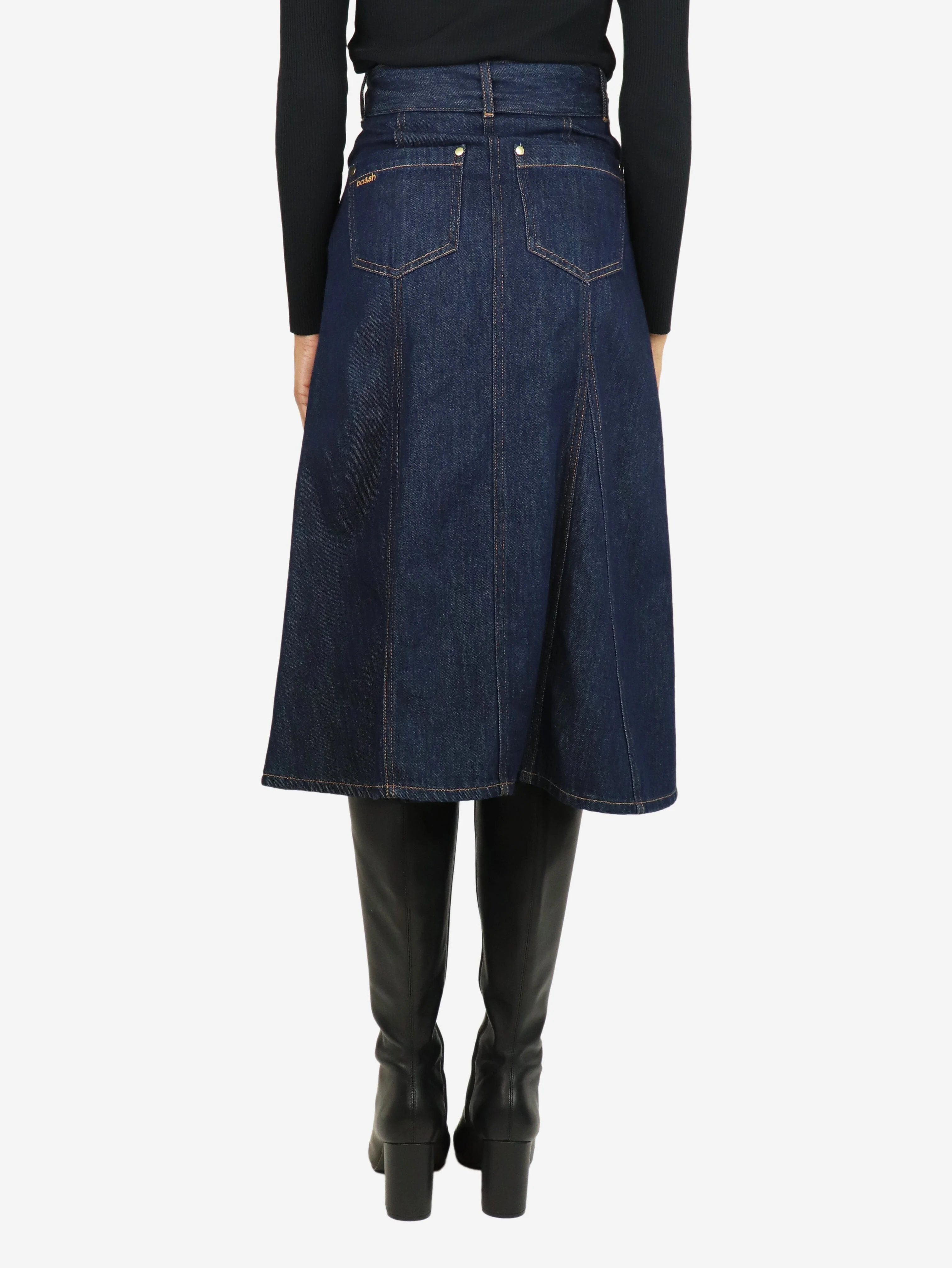 Blue belted denim A-line midi skirt - size UK 6 - Image 3