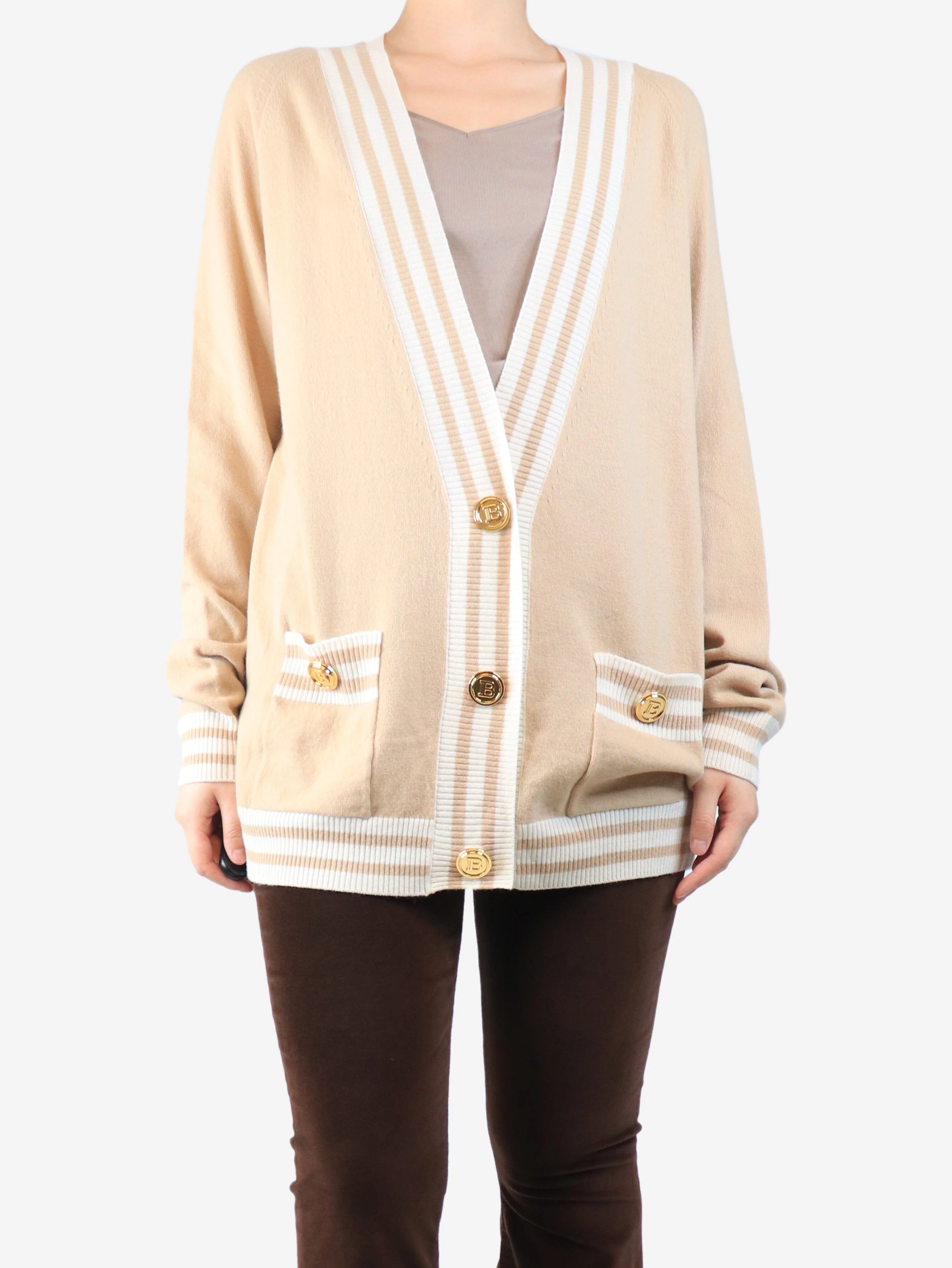 Beige knit oversized knit cardigan - size UK 12 - Image 3