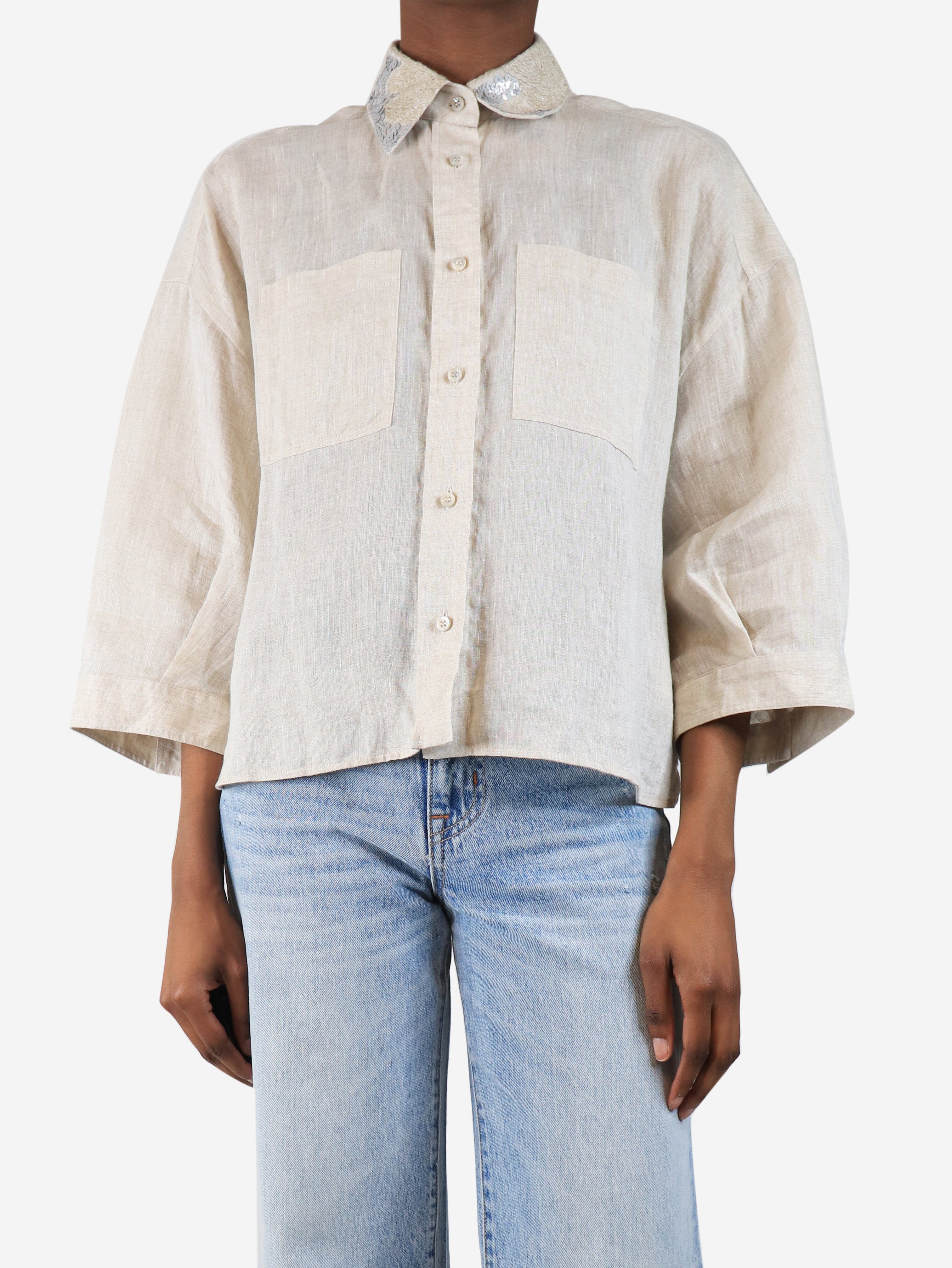 Beige linen blouse with sequin collar - size S