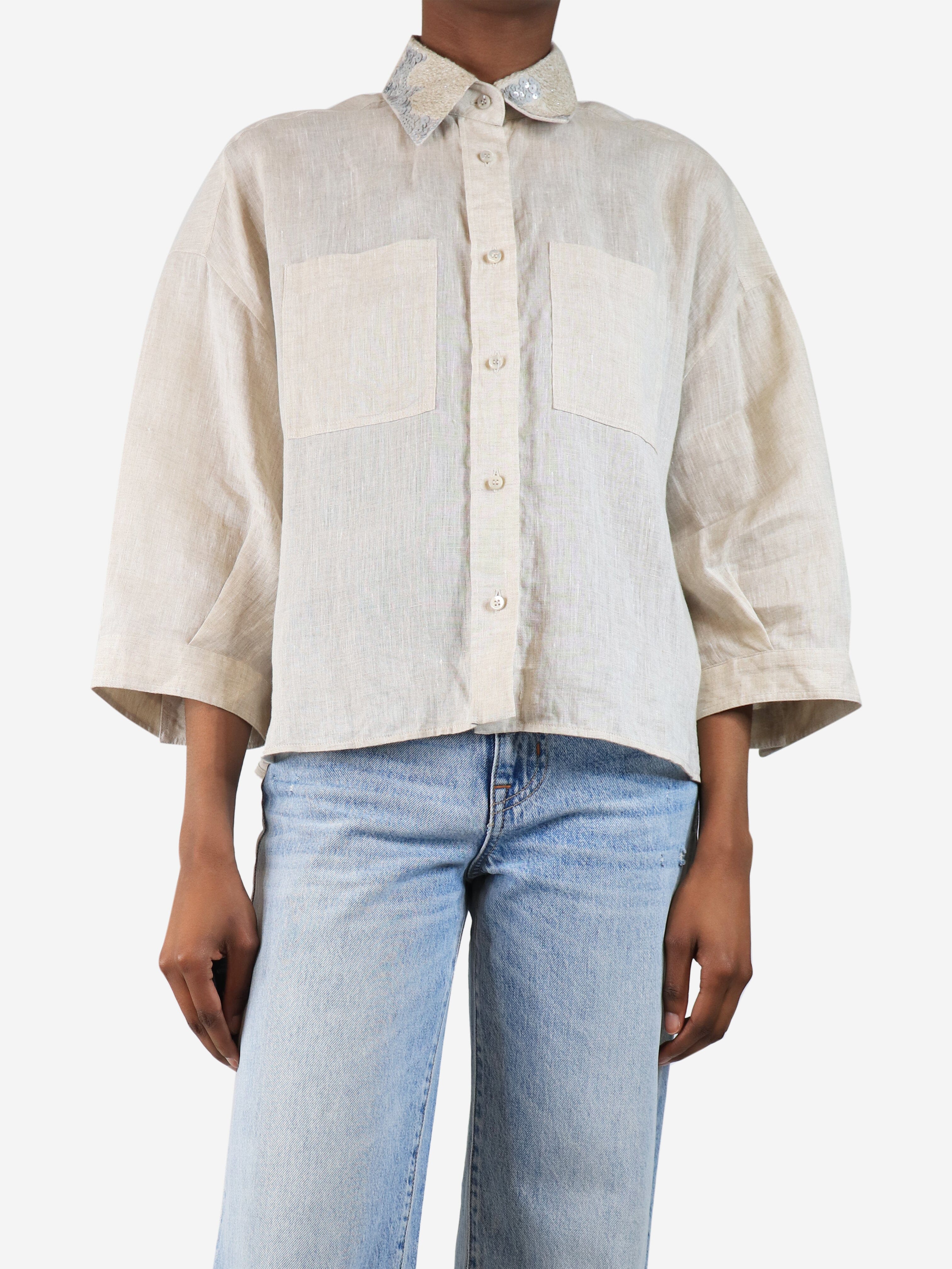 Beige linen blouse with sequin collar - size S - Image 3