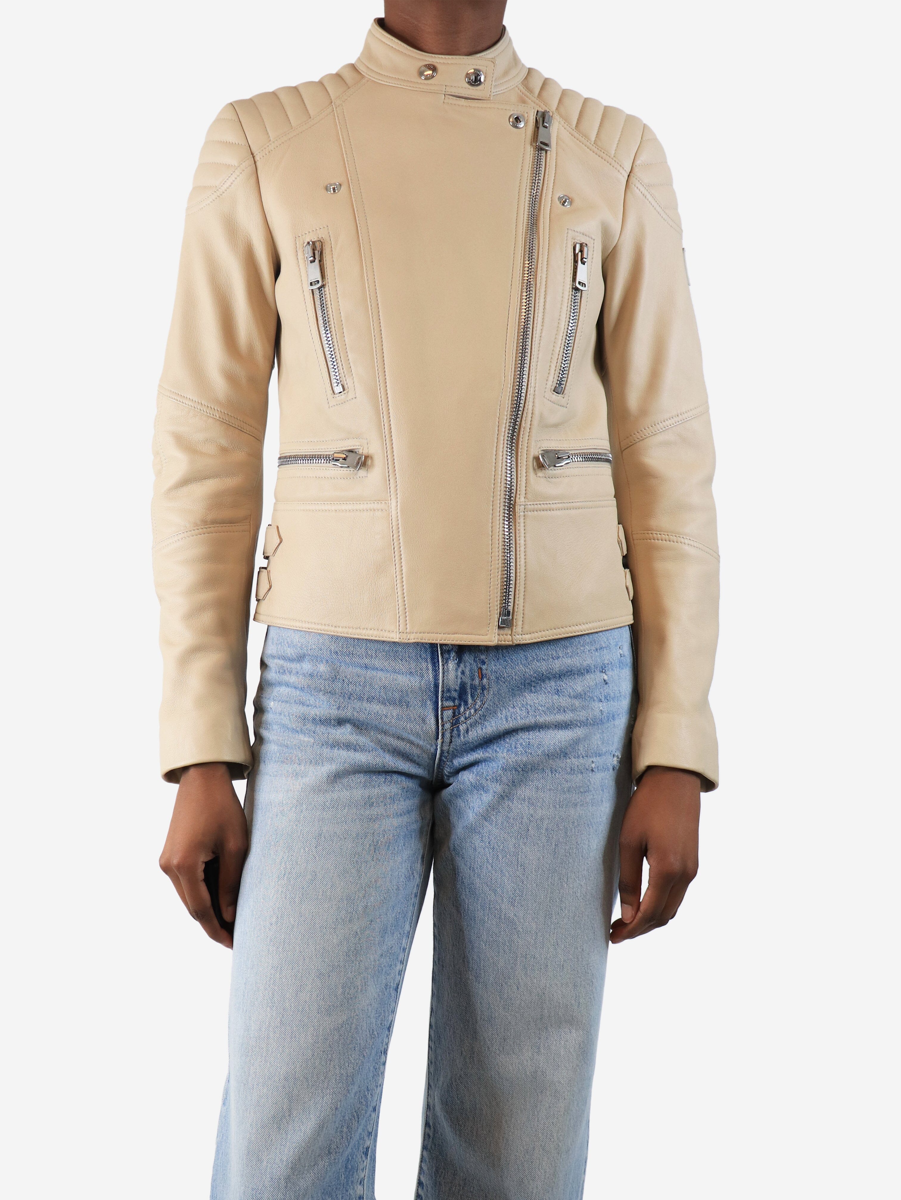 Cream leather biker jacket - size UK 6 - Image 3