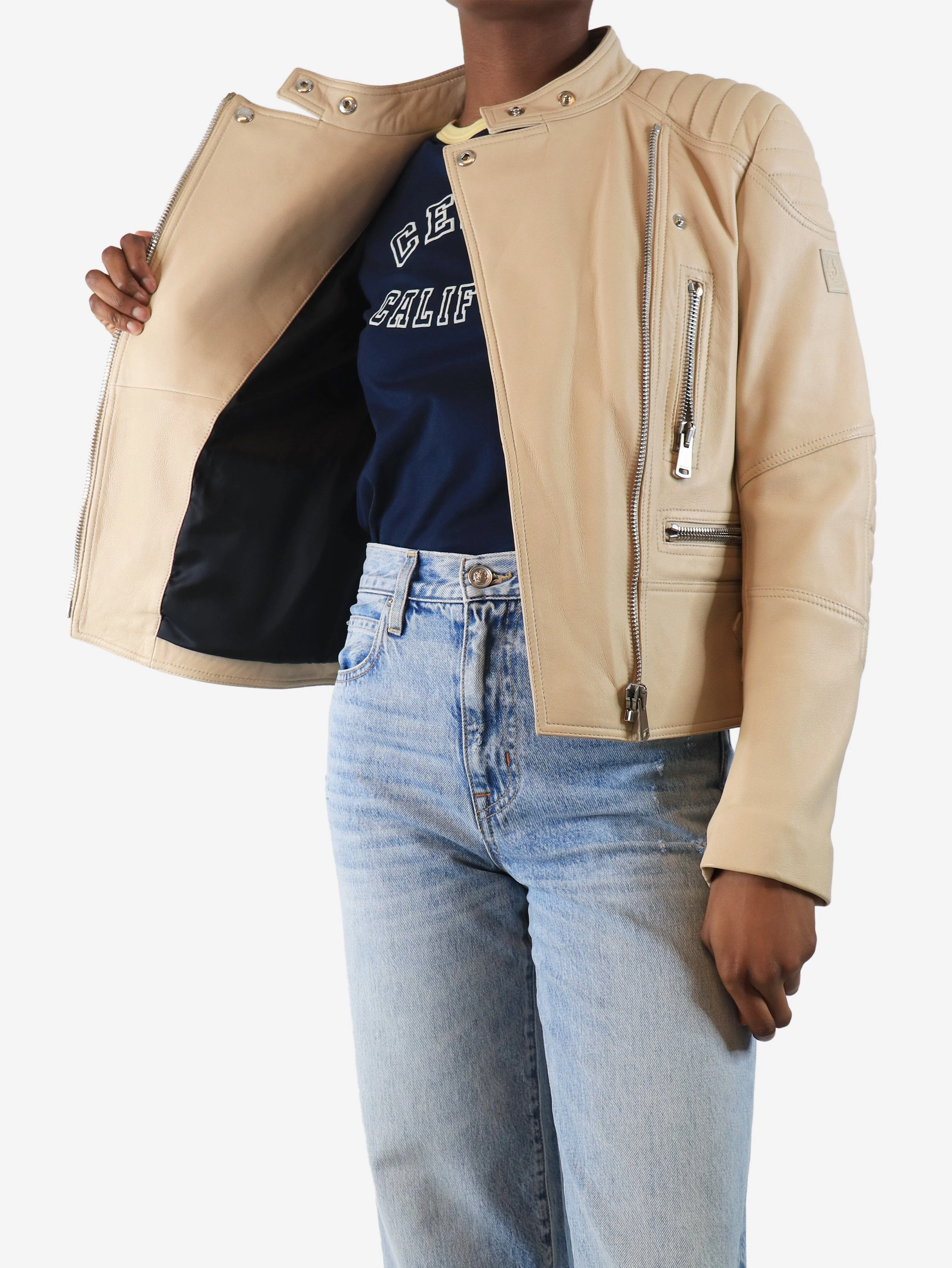 Cream leather biker jacket - size UK 6 - Image 4