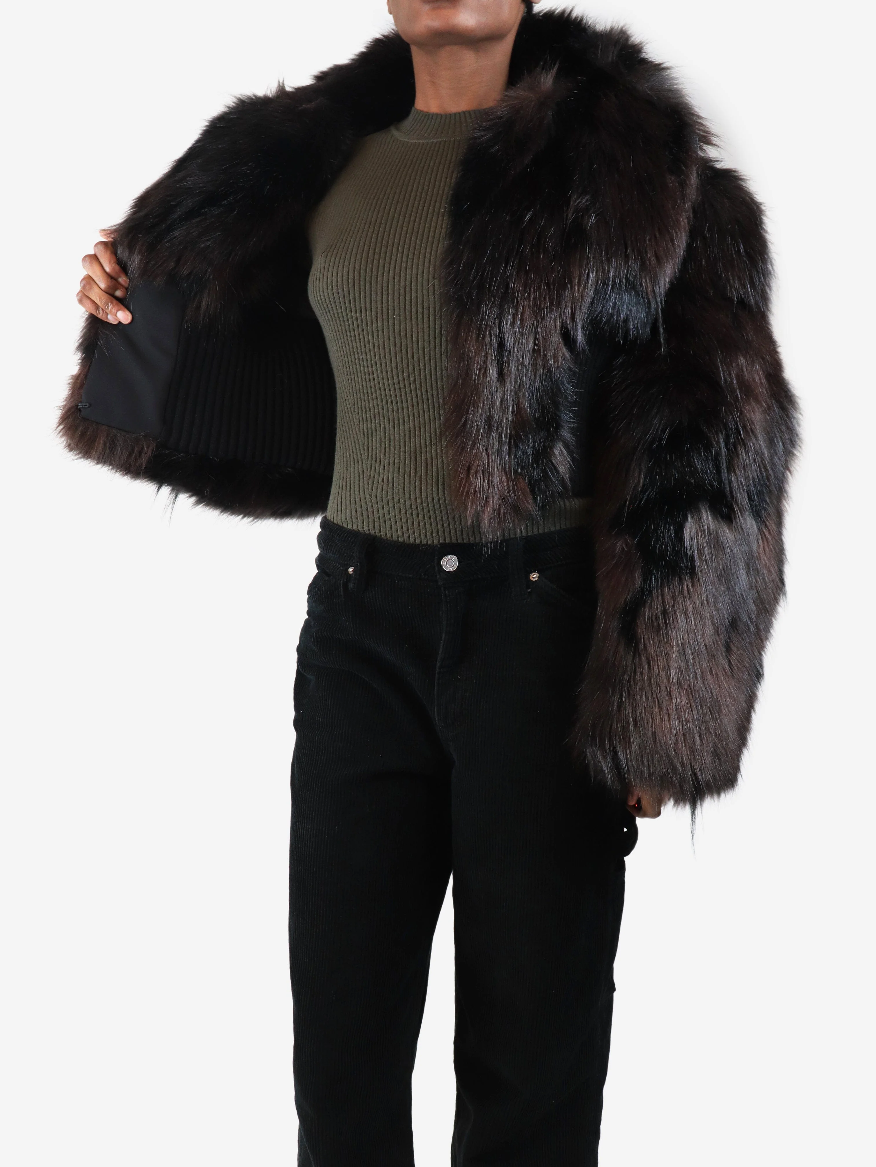 Black and brown faux fur cropped bomber jacket - size UK 6 - Image 5