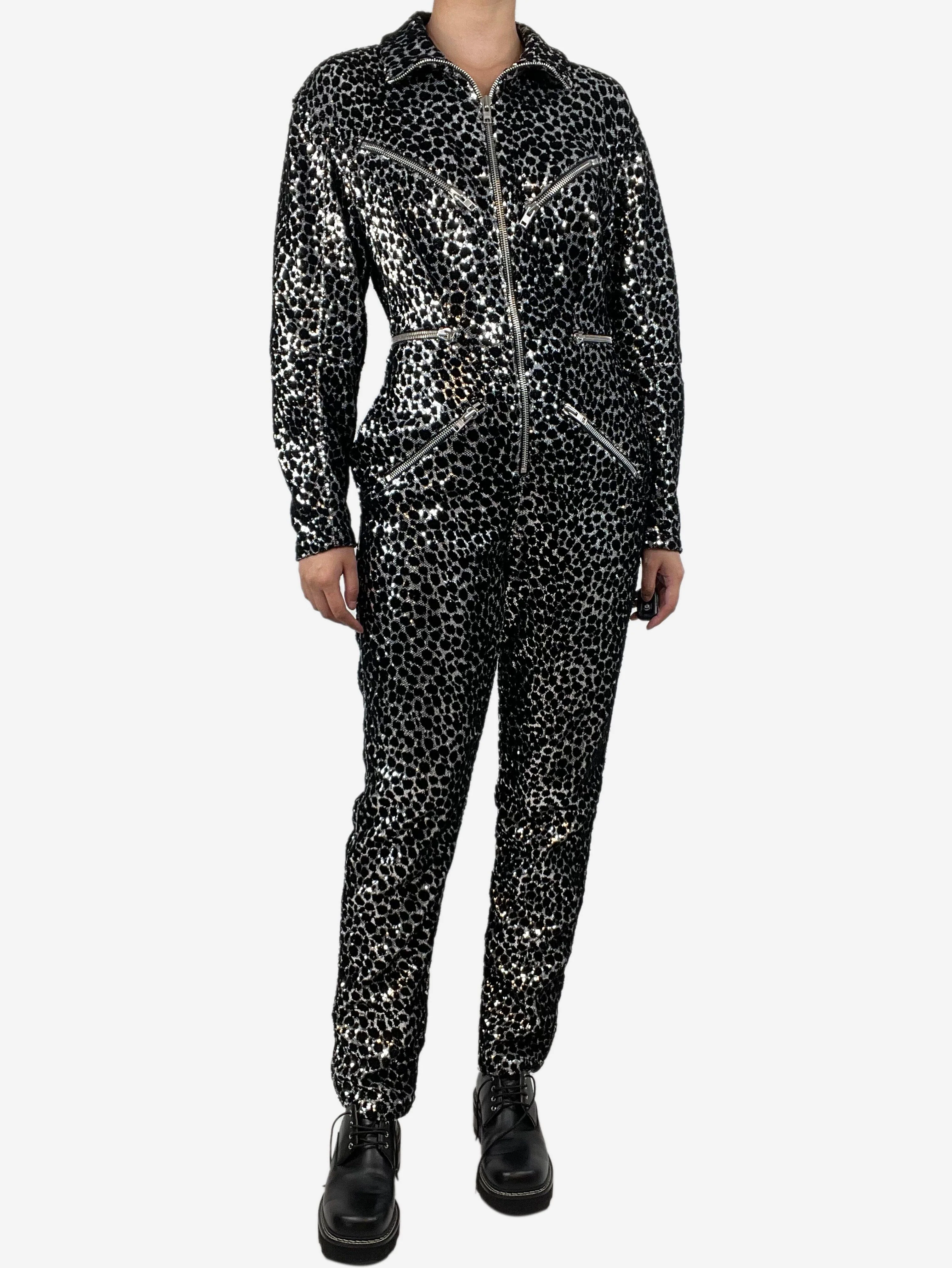 Black and silver sequin zipper jumpsuit - size UK 8 - Image 2