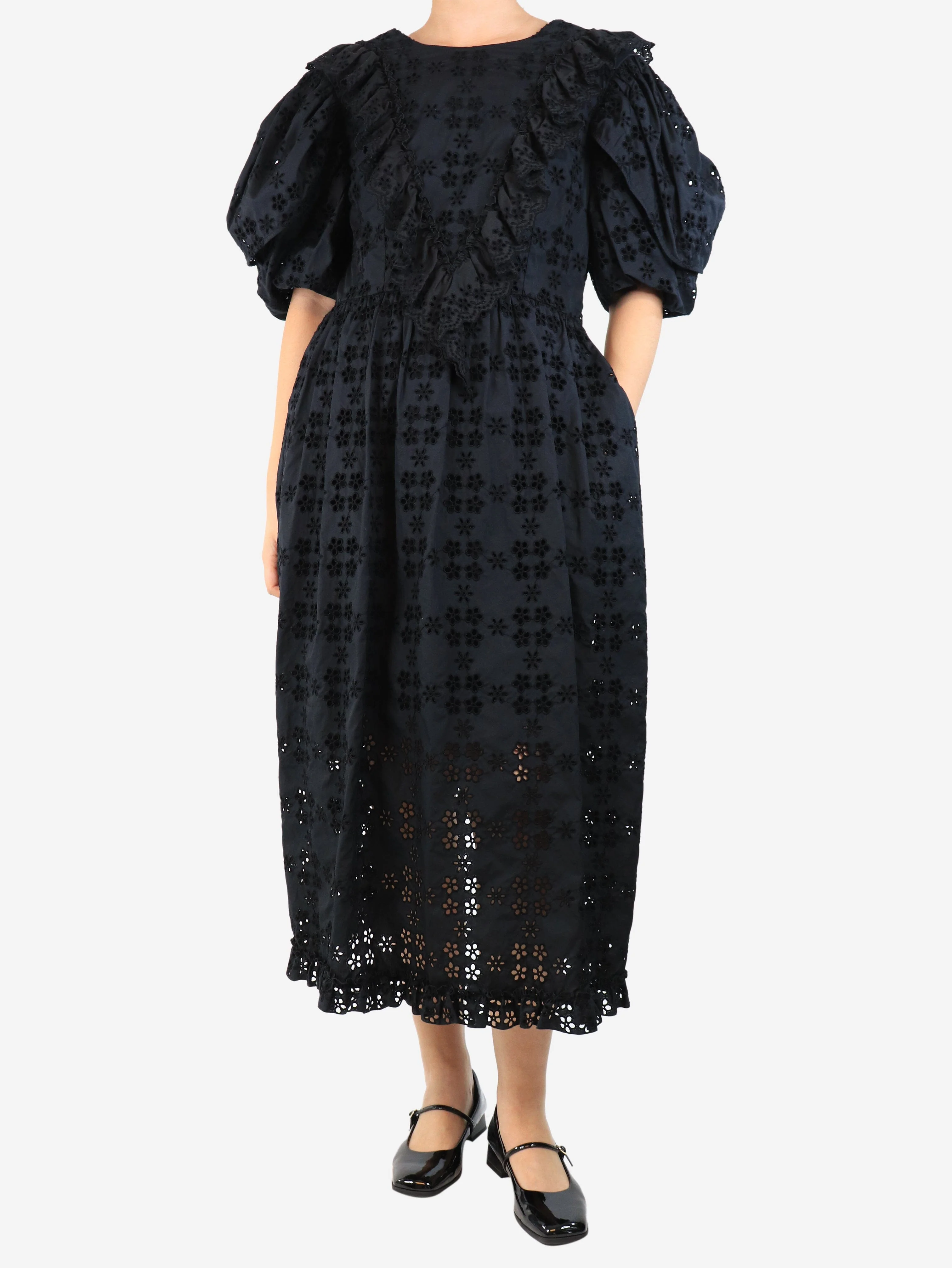 Black broderie-anglaise midi dress - size UK 12