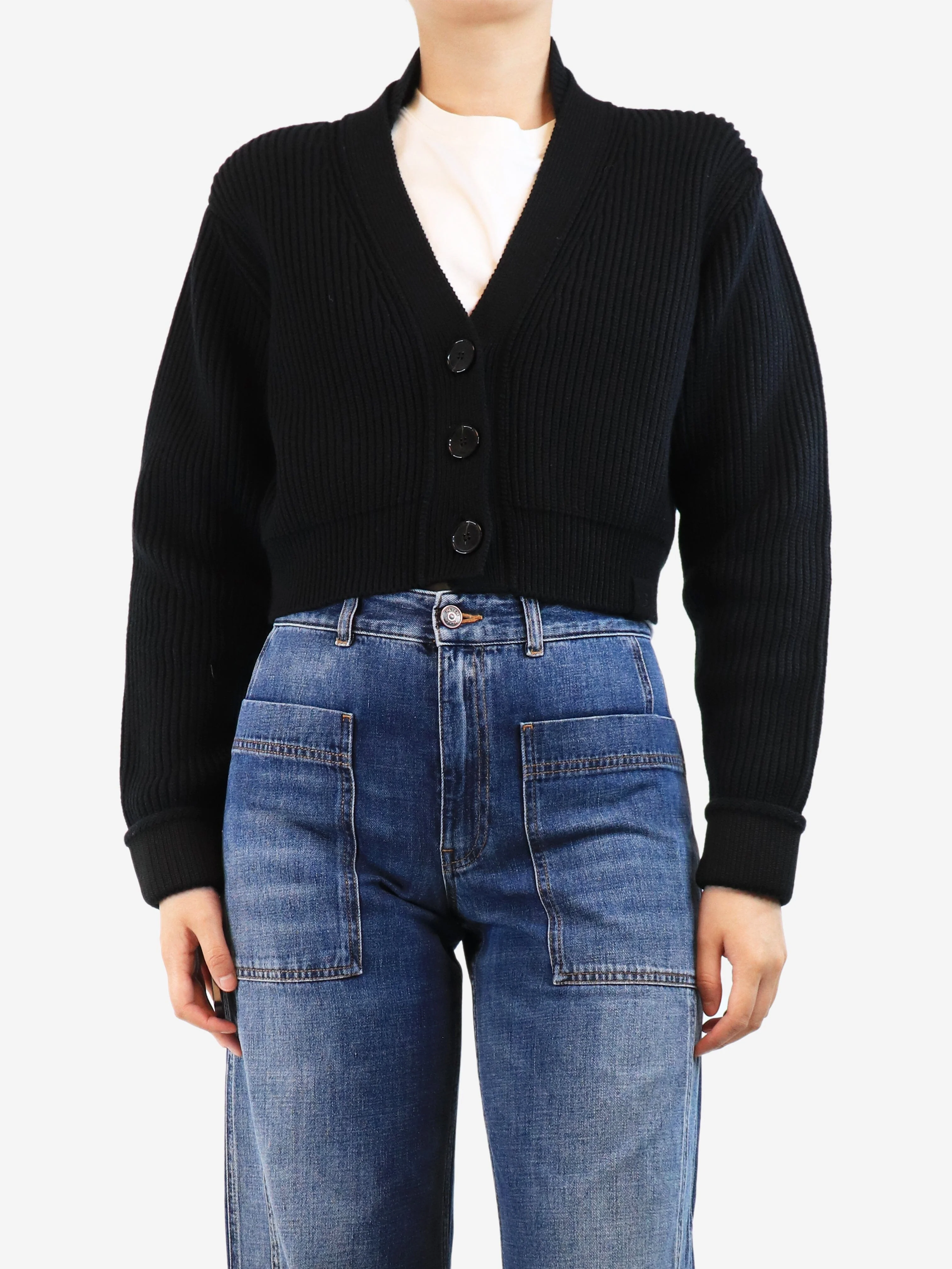 Black cropped ribbed cardigan - size UK 8