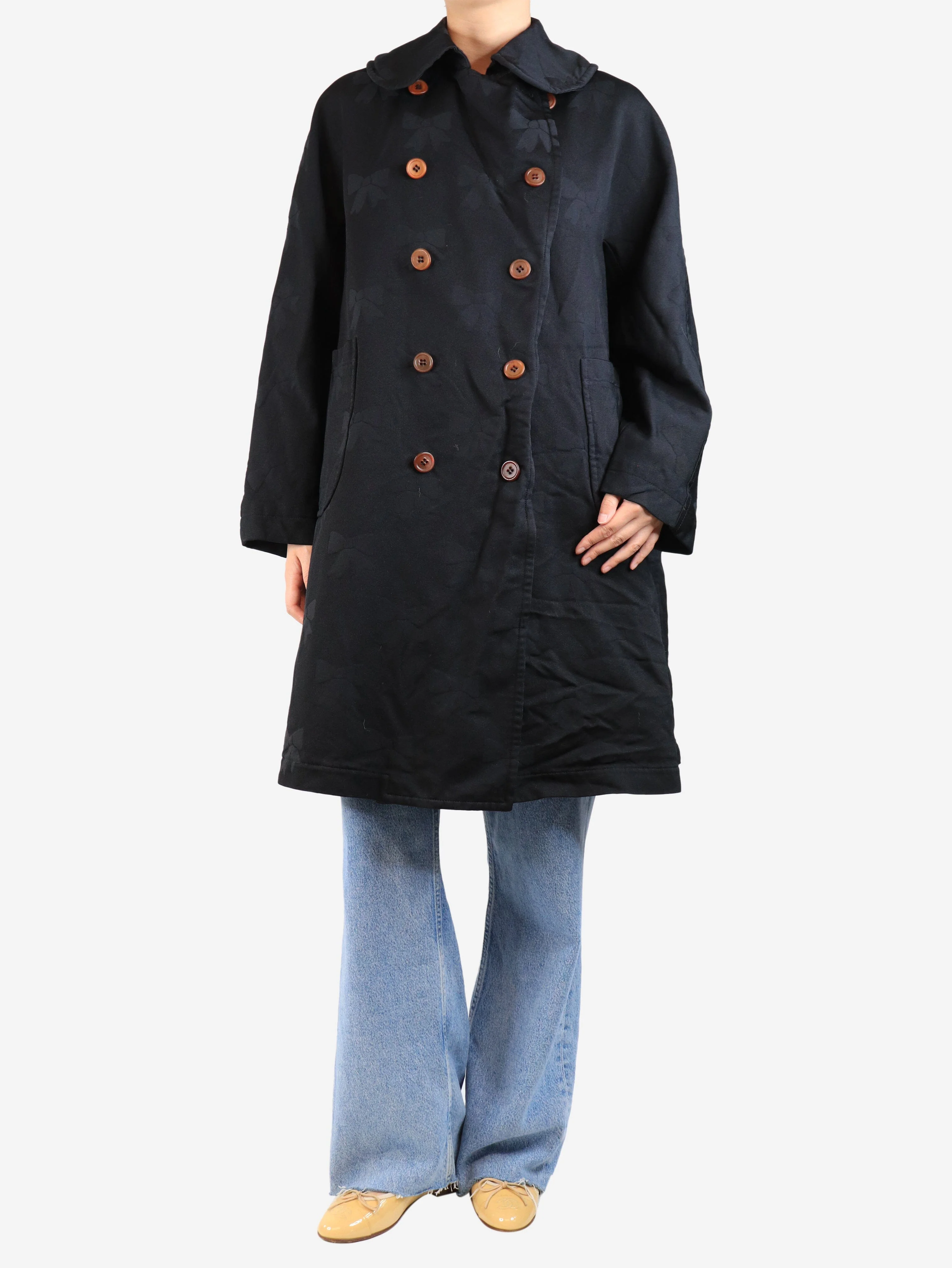 Black double-breasted bow jacquard coat - size S