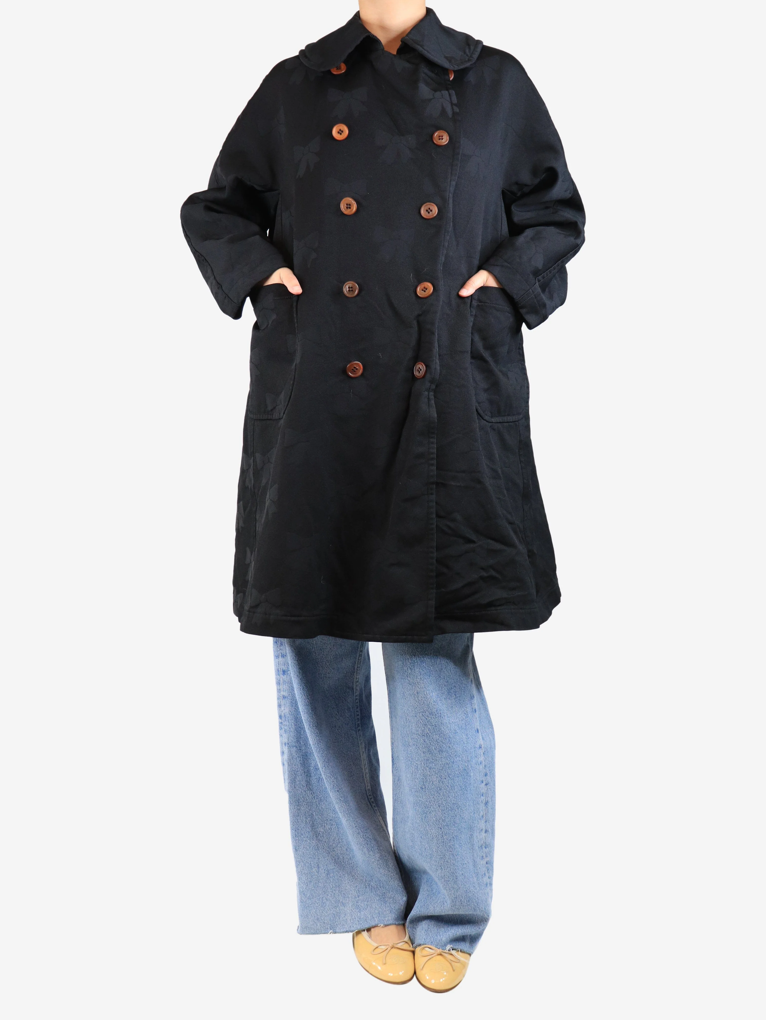 Black double-breasted bow jacquard coat - size S - Image 3