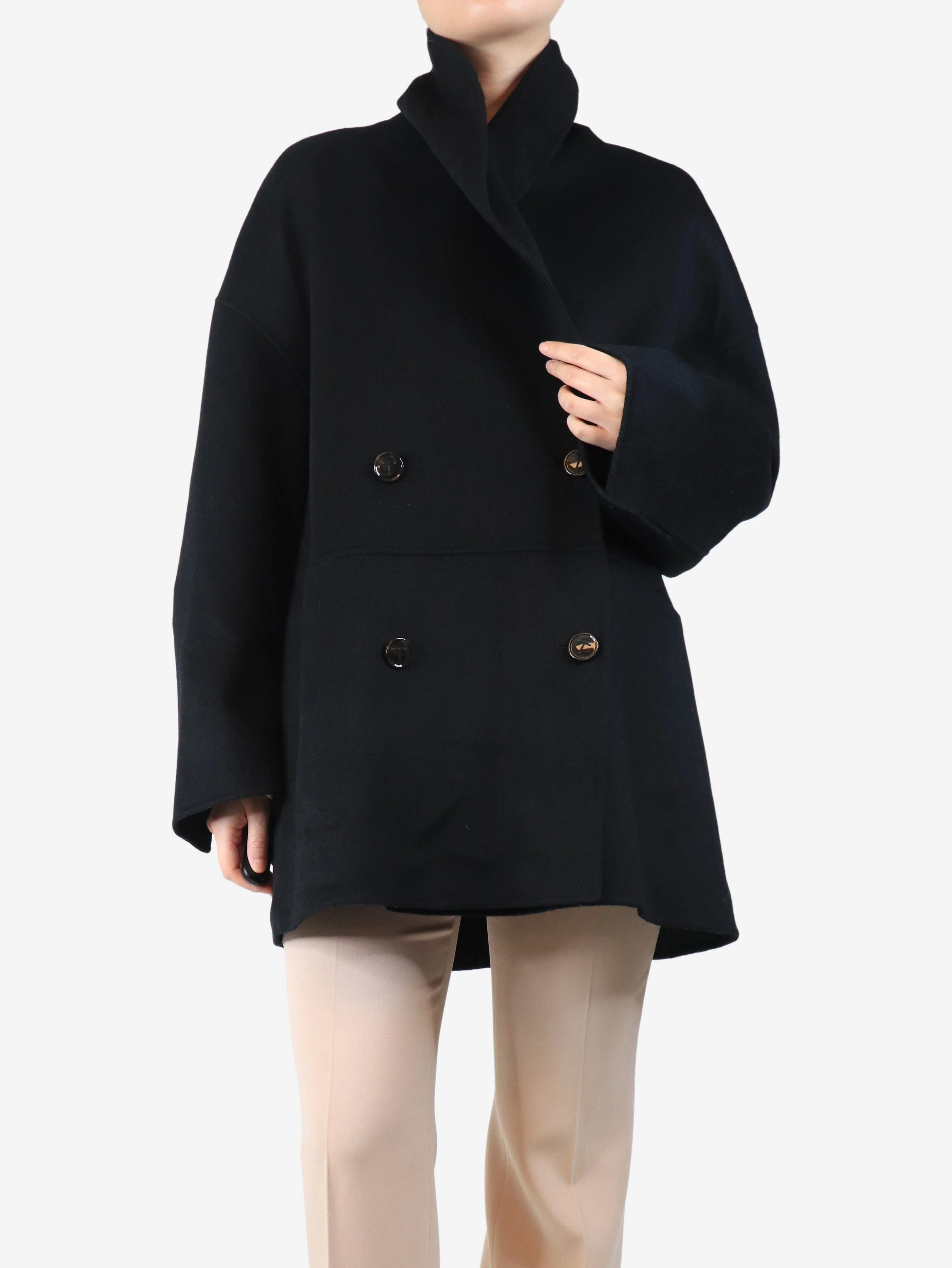 Black double-breasted cashmere jacket - size UK 10