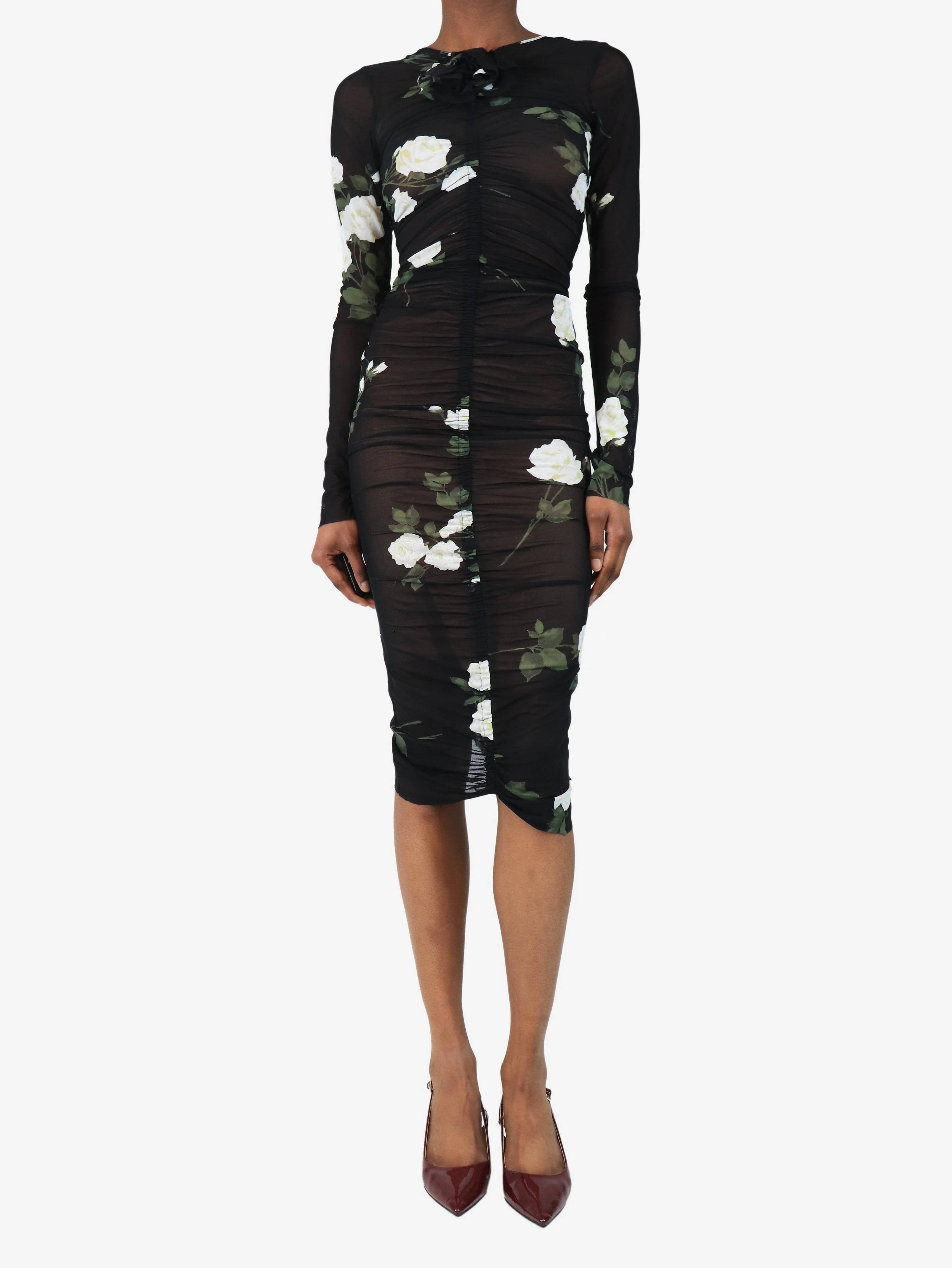 Black floral ruched mesh midi dress - size UK 6