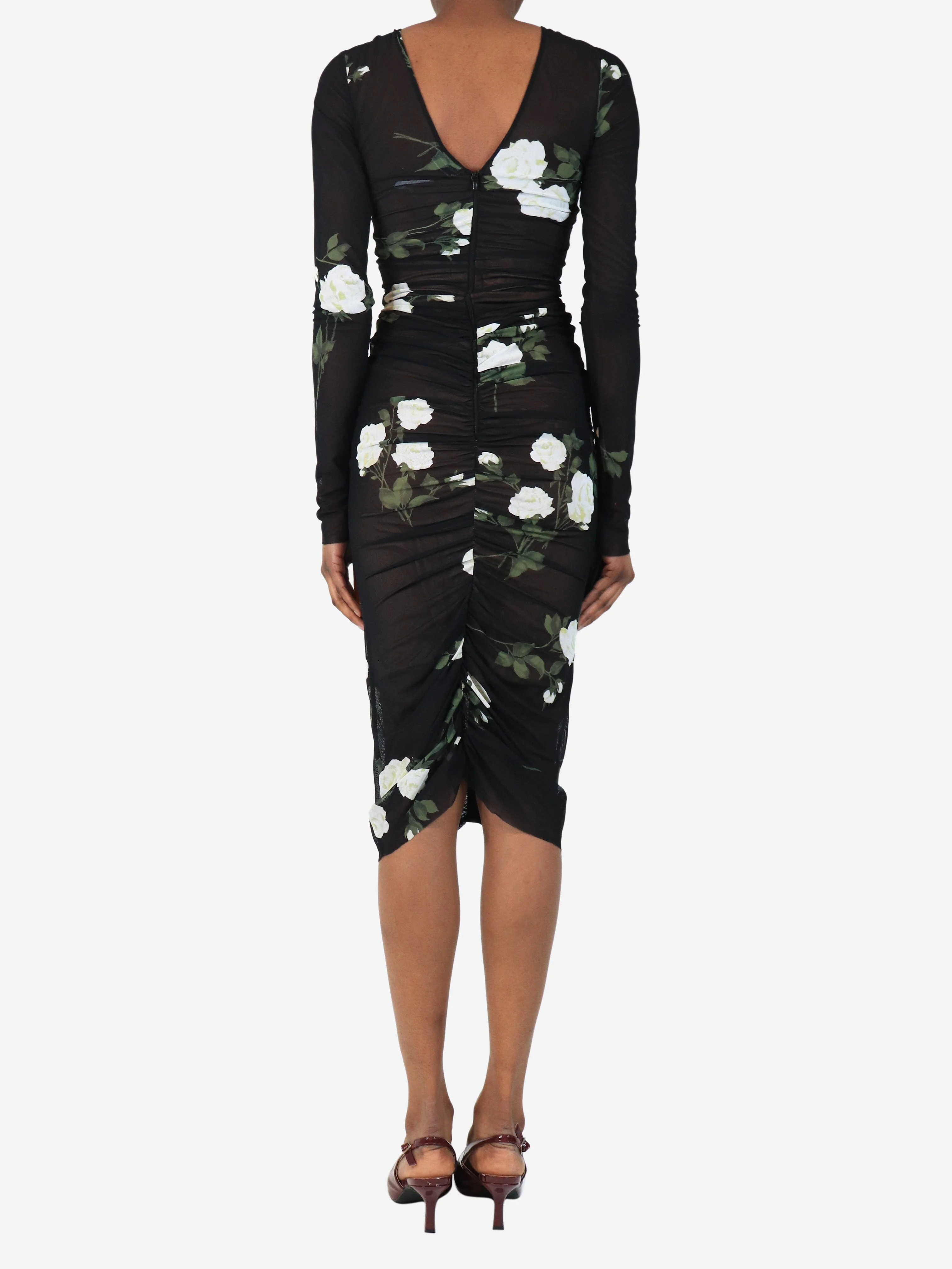 Black floral ruched mesh midi dress - size UK 6 - Image 2