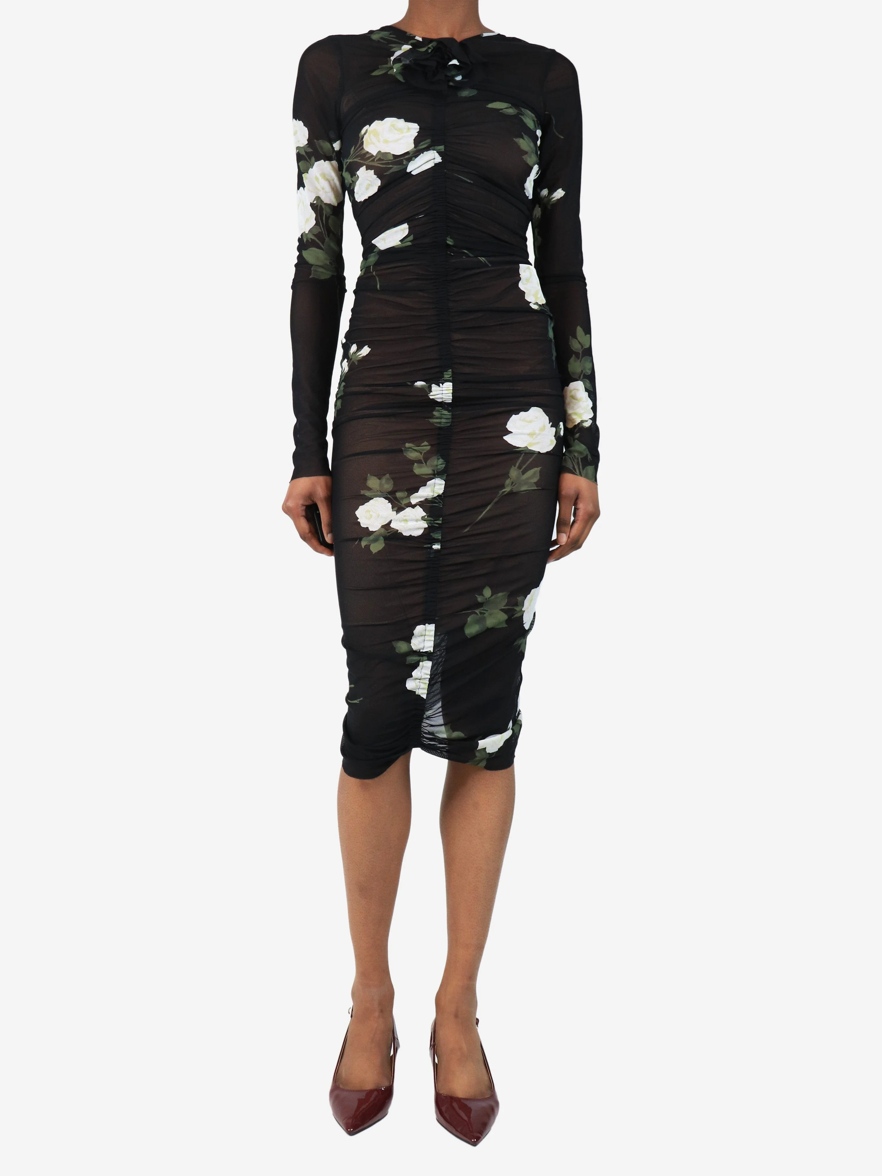 Black floral ruched mesh midi dress - size UK 6 - Image 3