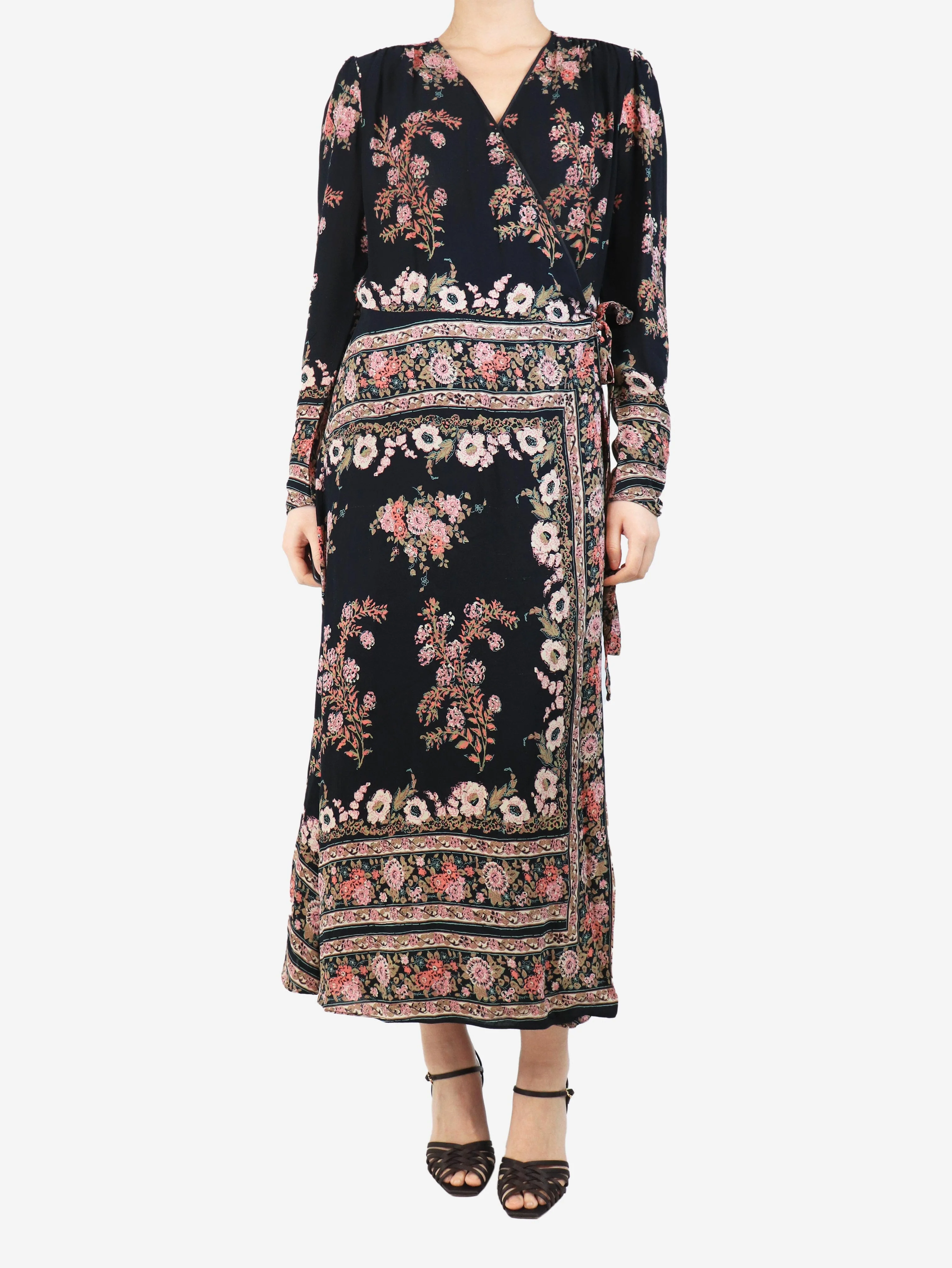 Black floral wrap midi dress - size UK 14 - Image 3