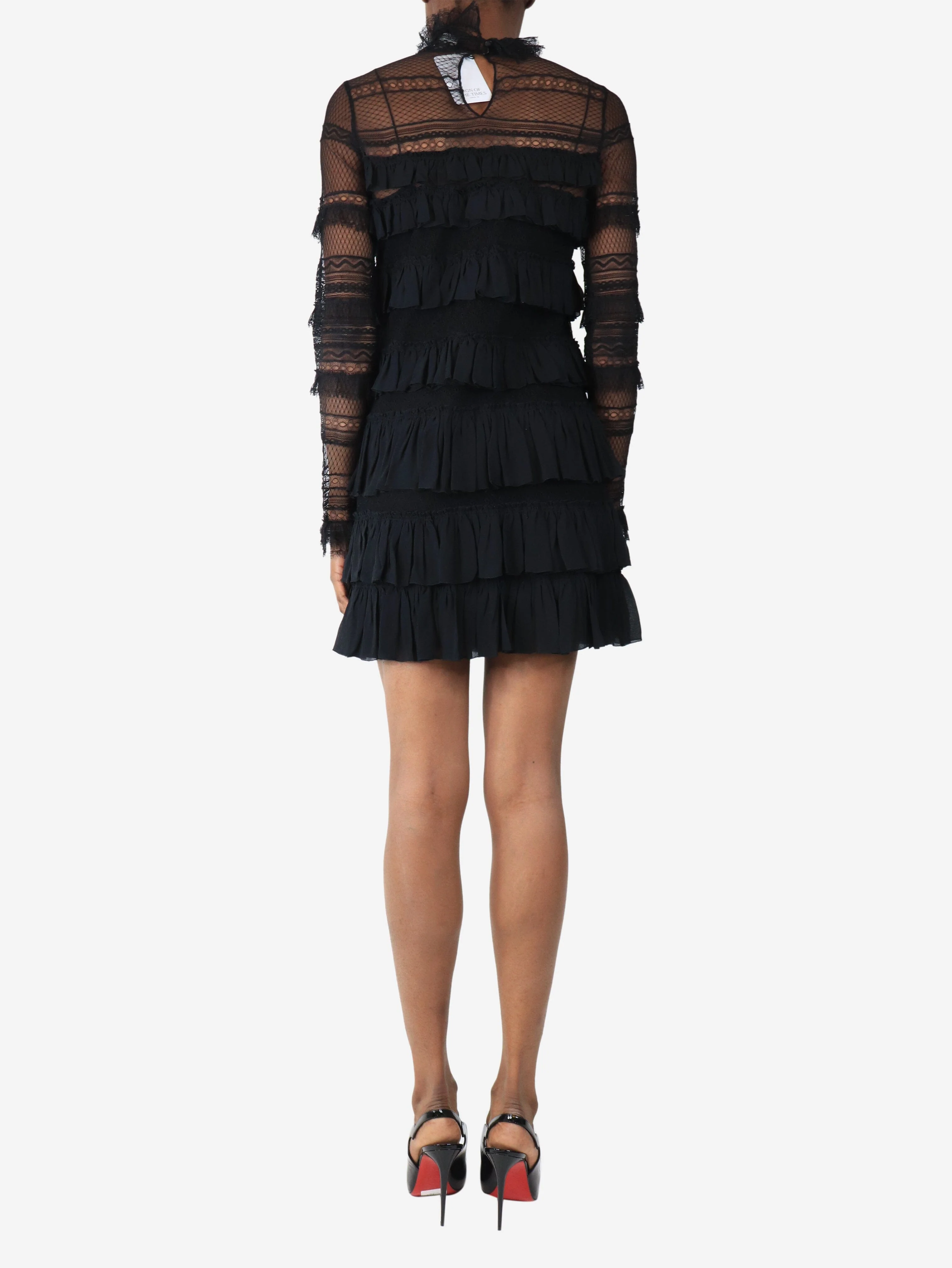 Black frilly lace mini dress - size UK 6 - Image 2
