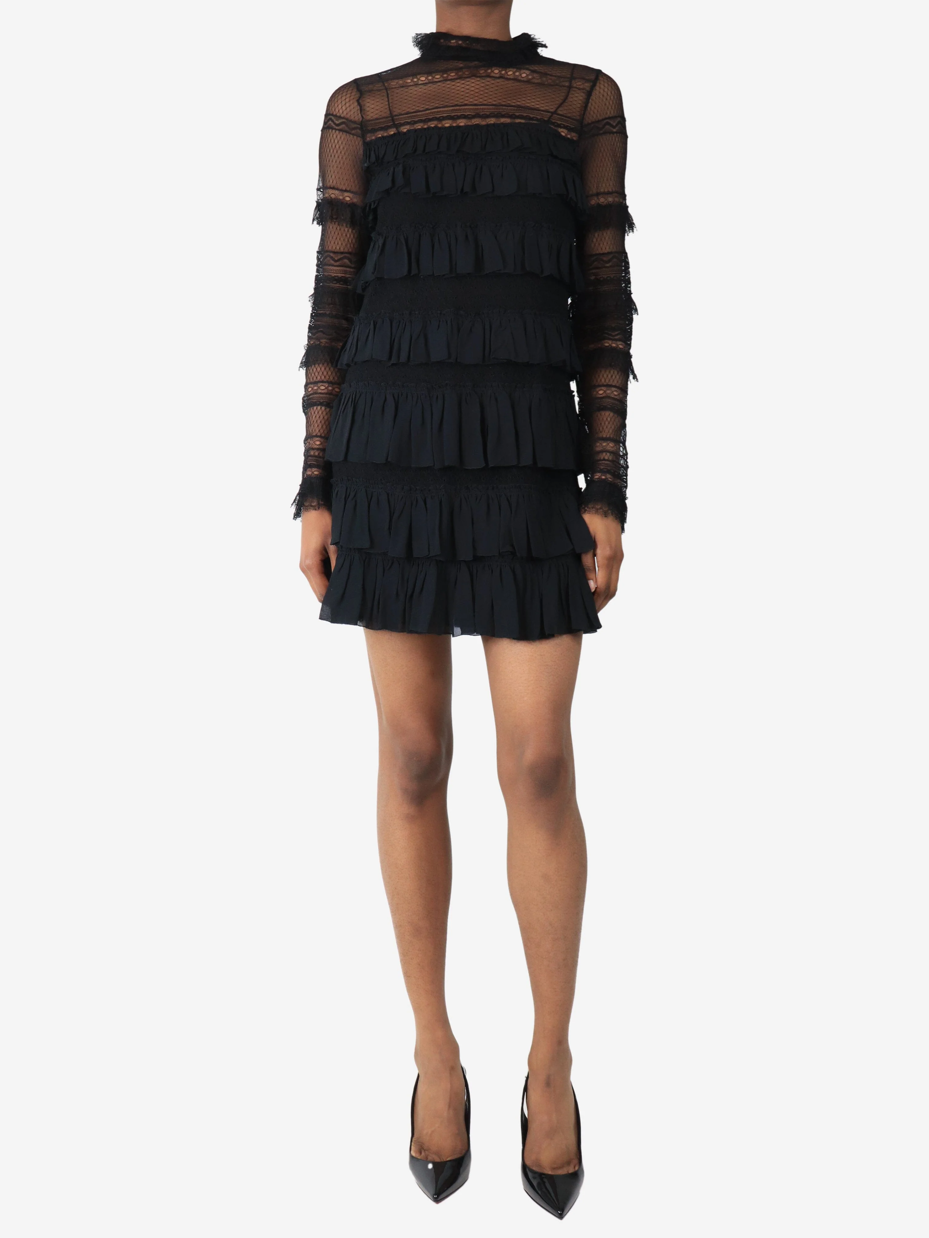 Black frilly lace mini dress - size UK 6 - Image 3