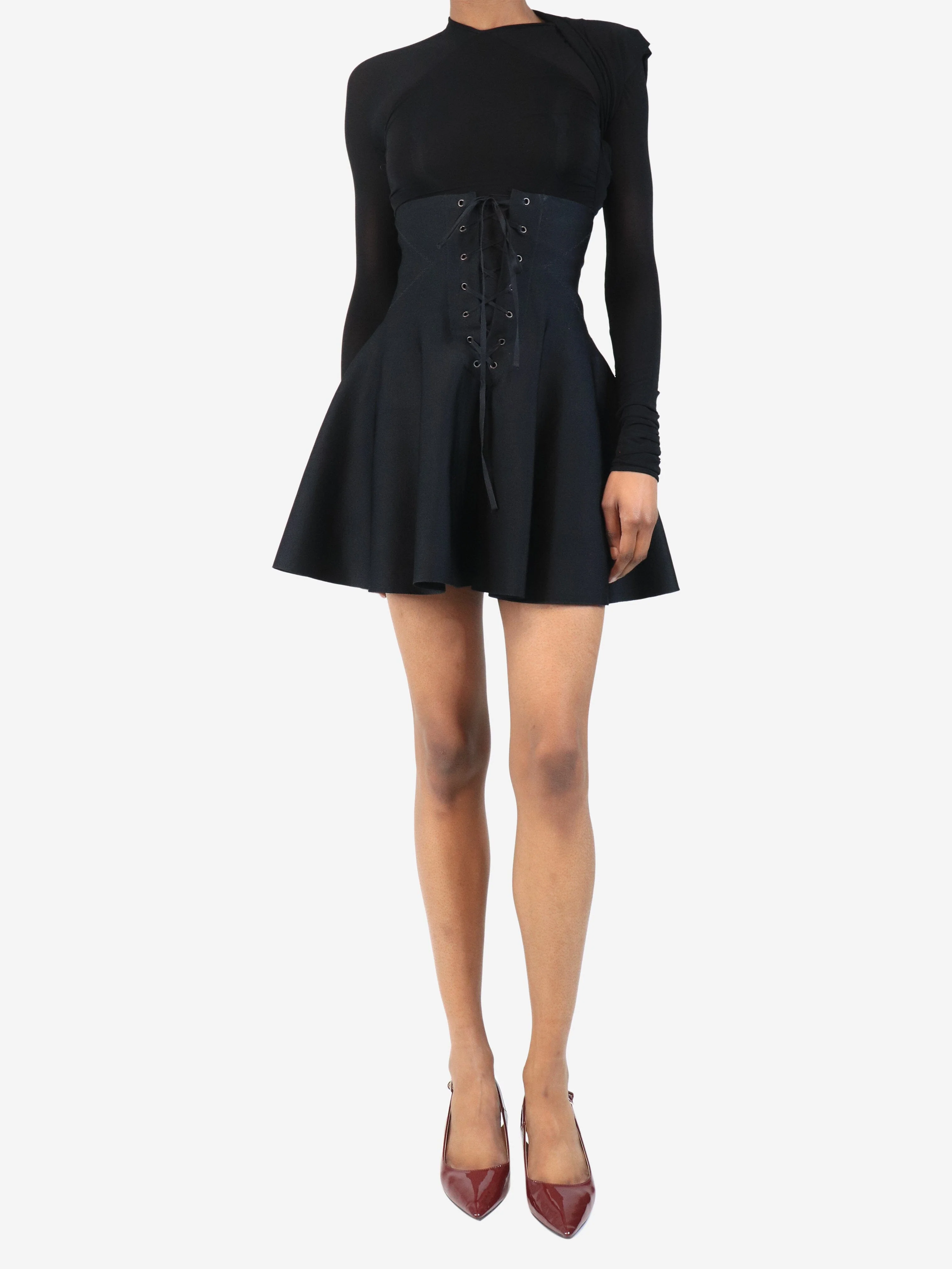 Black lace up skater skirt - size UK 6 - Image 2