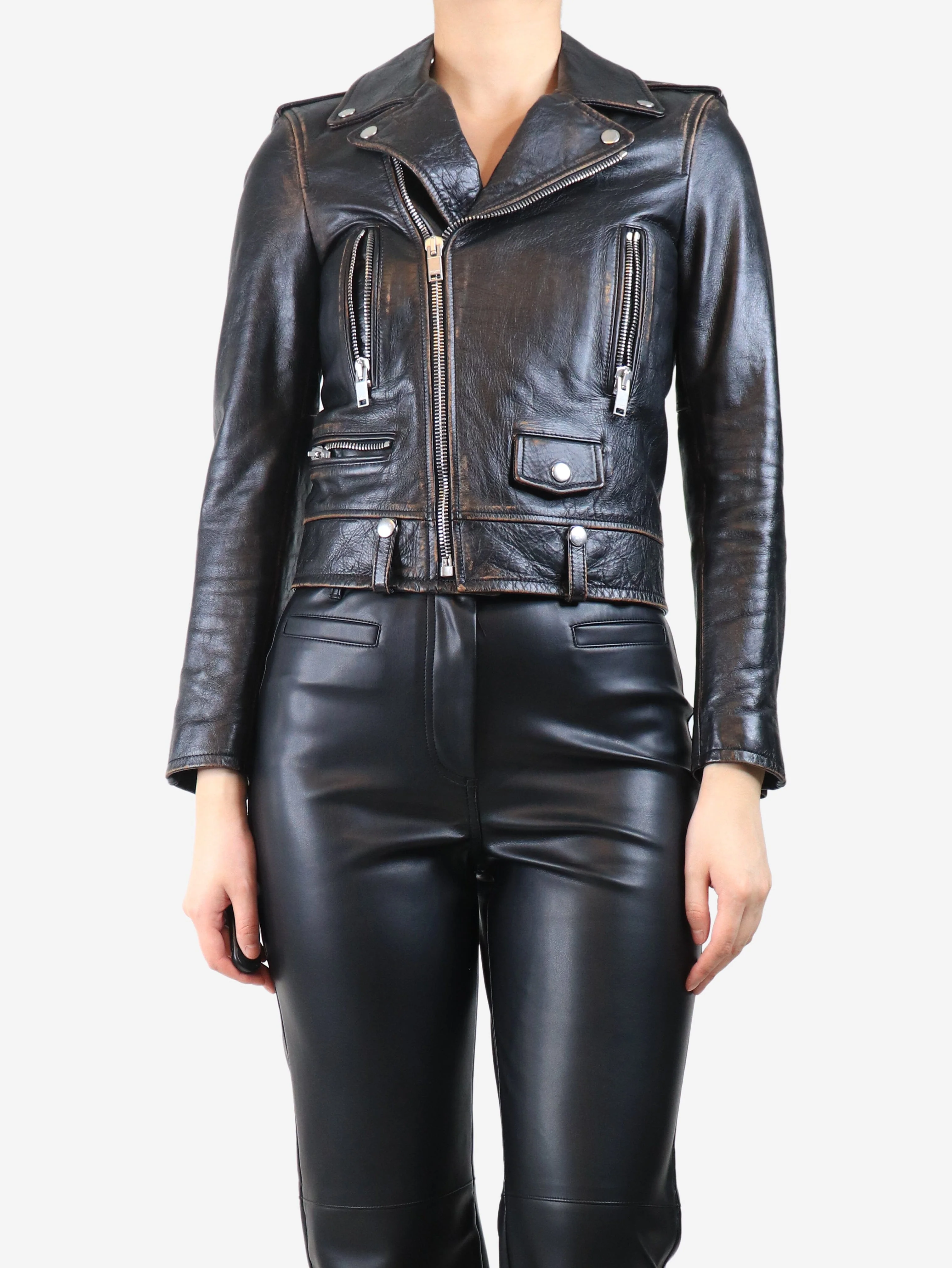Black leather printed biker jacket - size UK 10