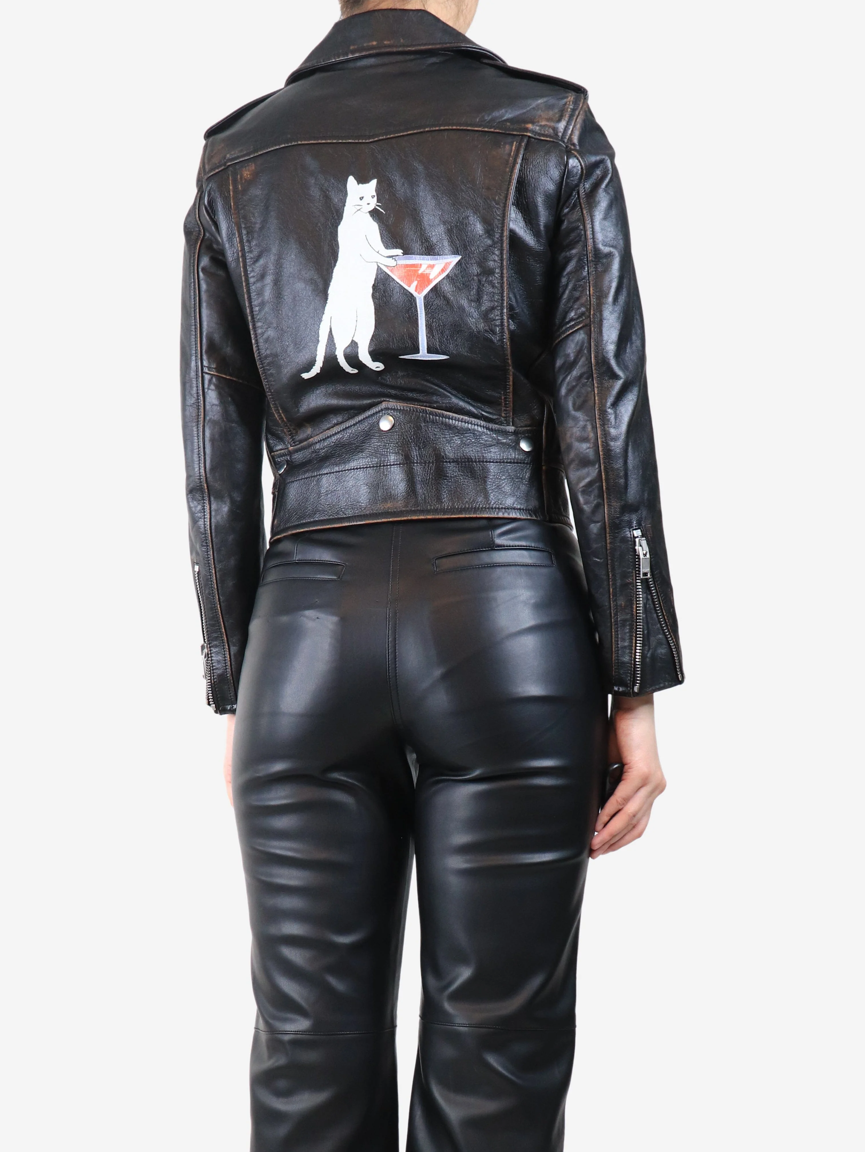 Black leather printed biker jacket - size UK 10 - Image 2