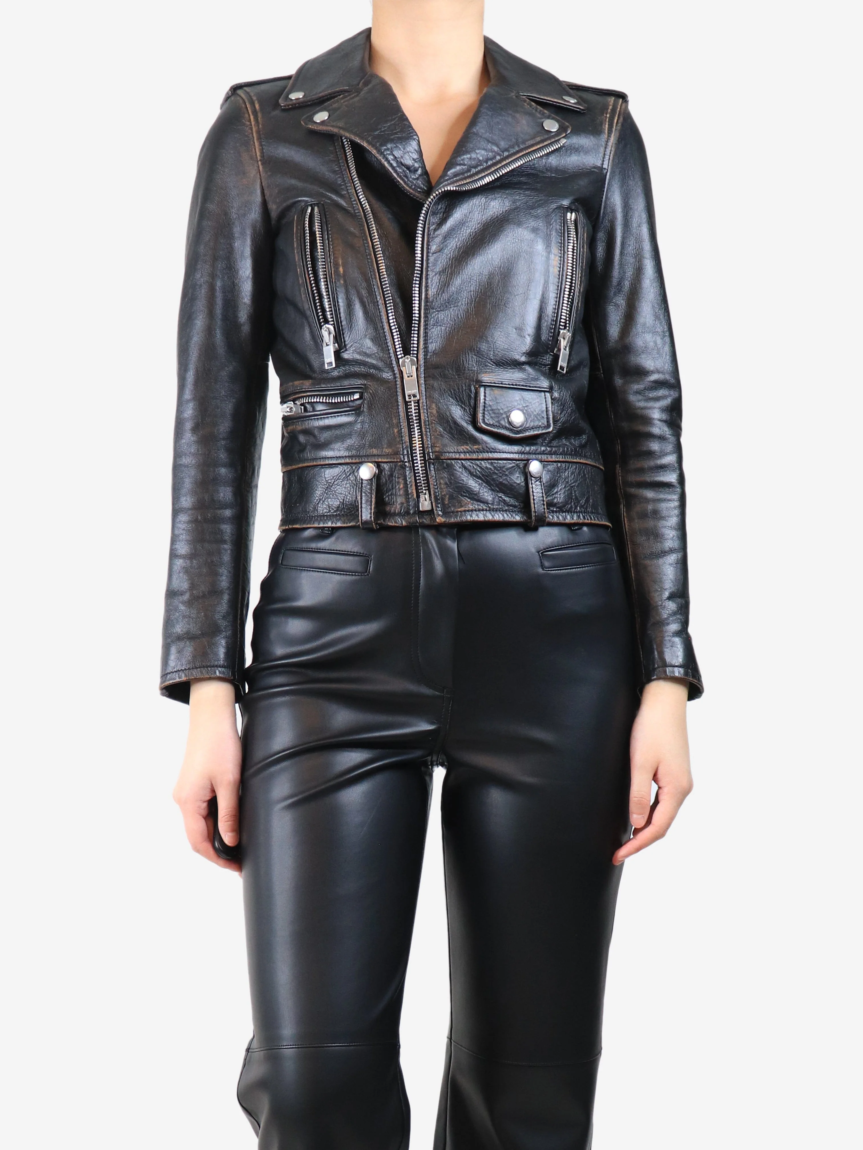 Black leather printed biker jacket - size UK 10 - Image 3