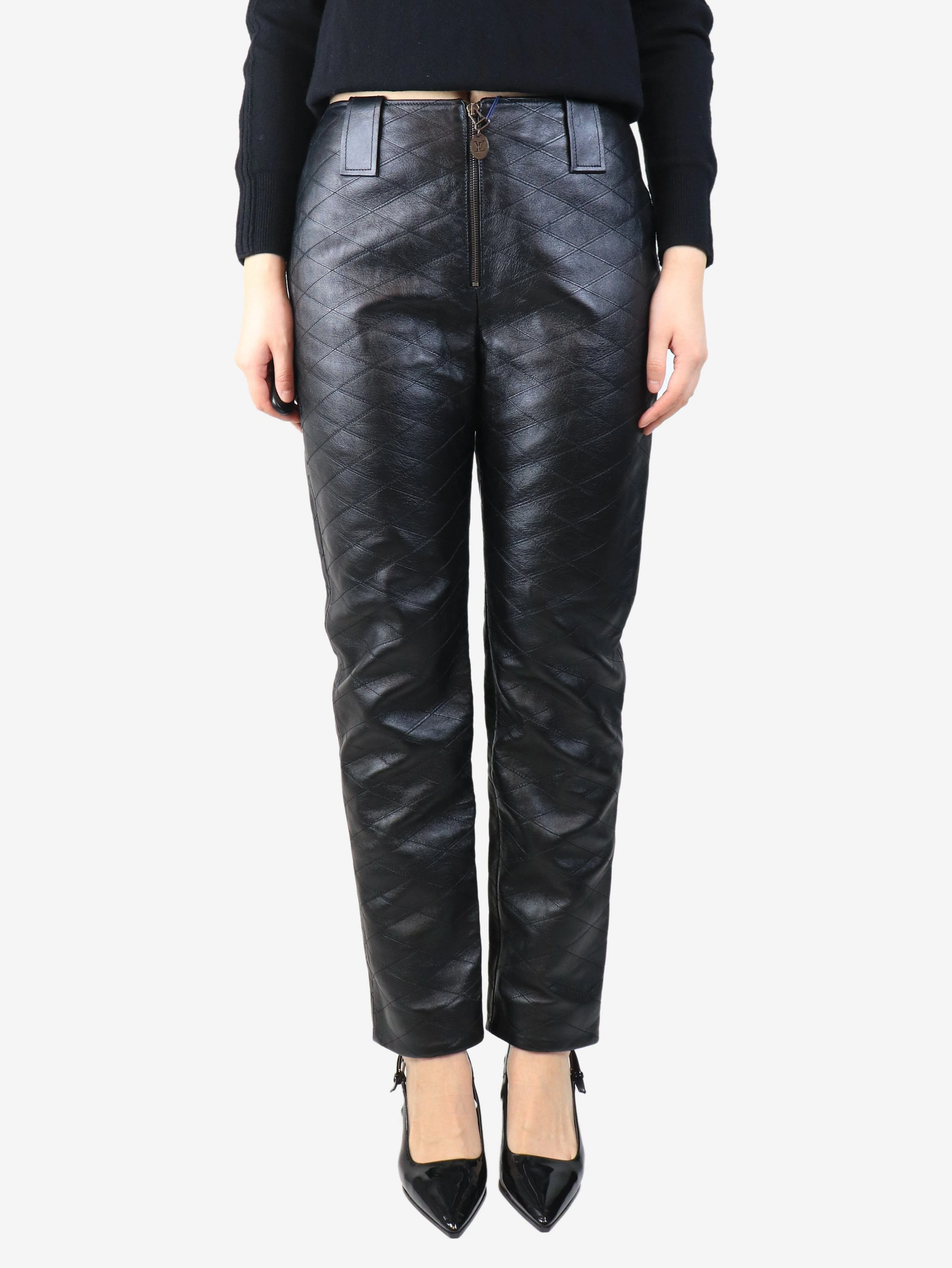 Black leather quilted trousers - size UK 12