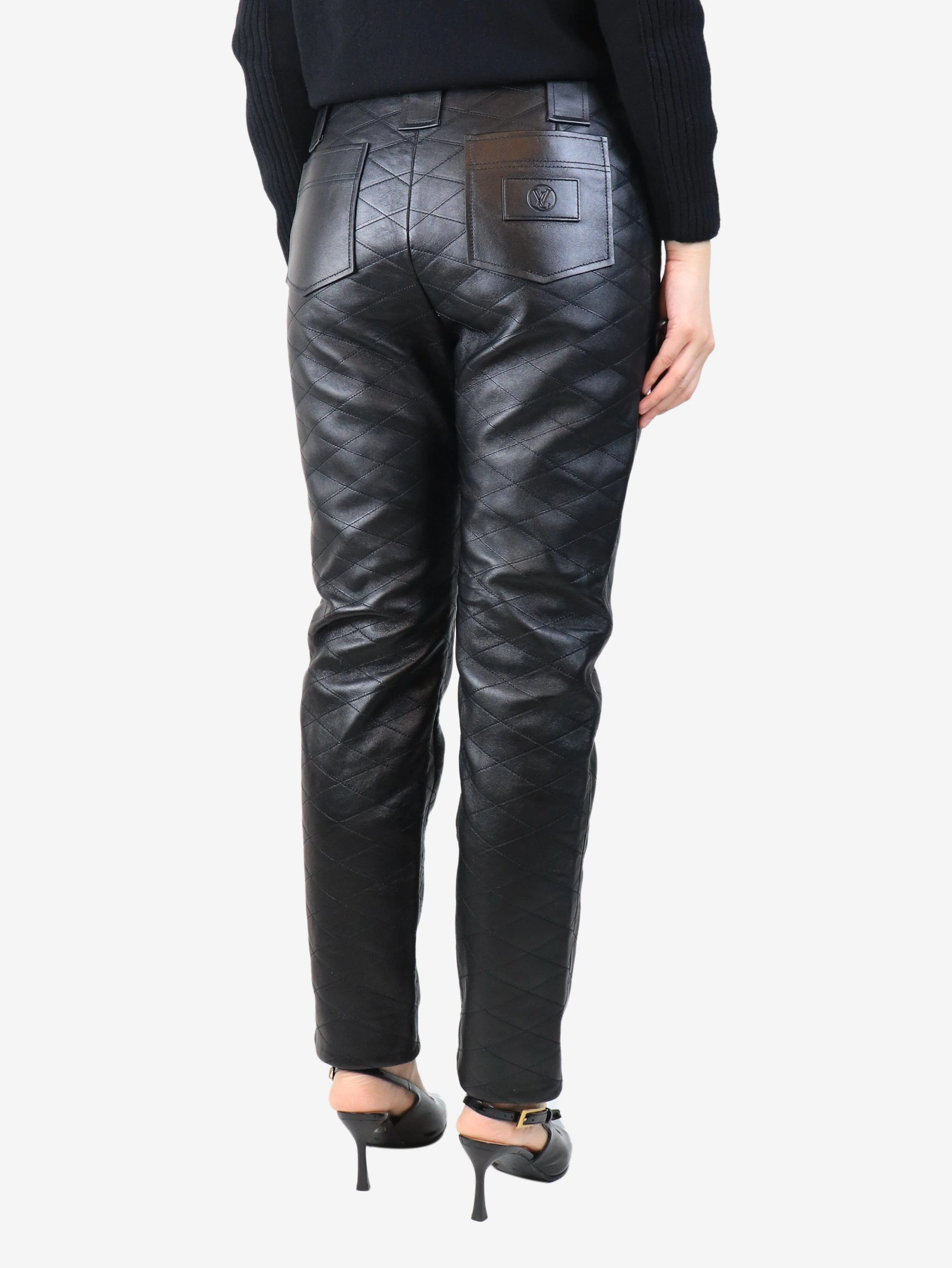 Black leather quilted trousers - size UK 12 - Image 3