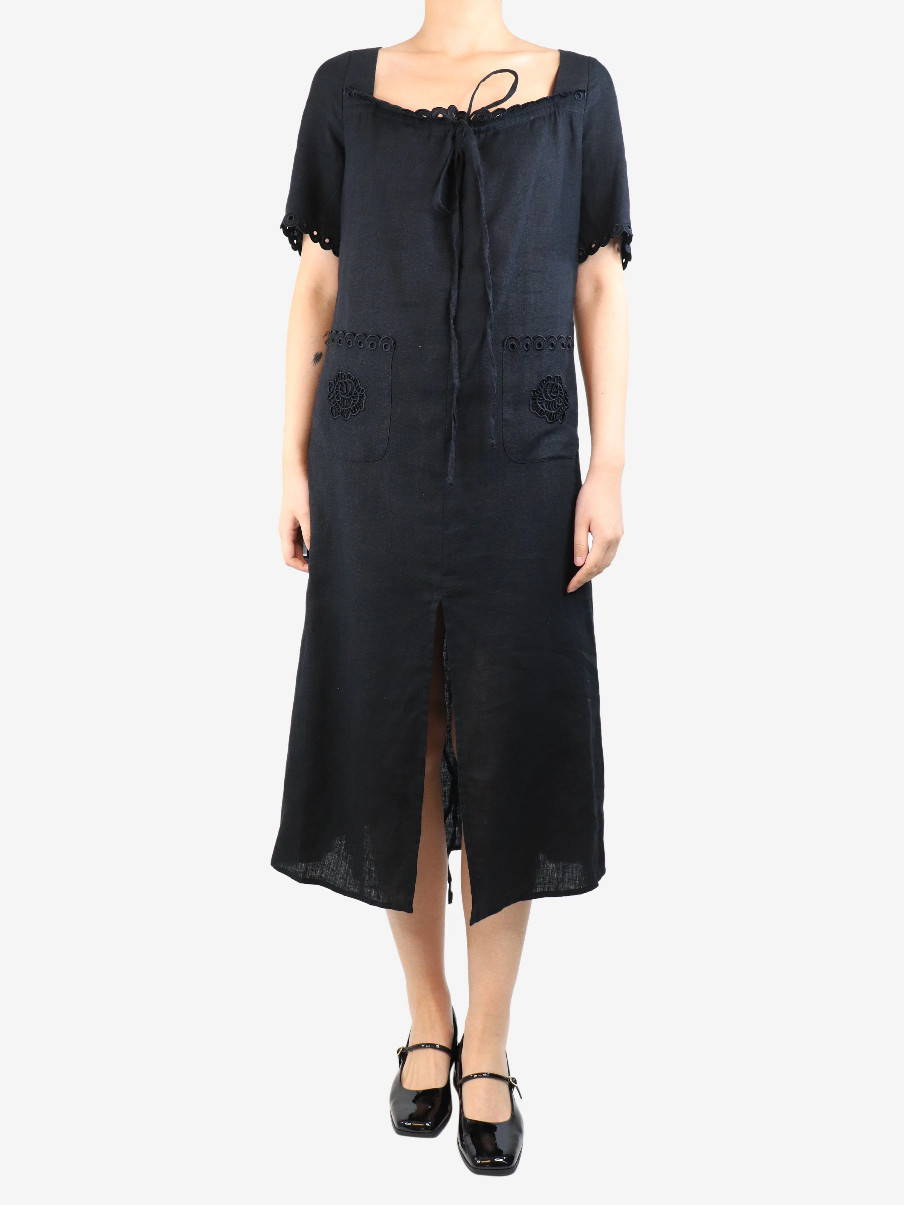 Black linen midi dress - size S