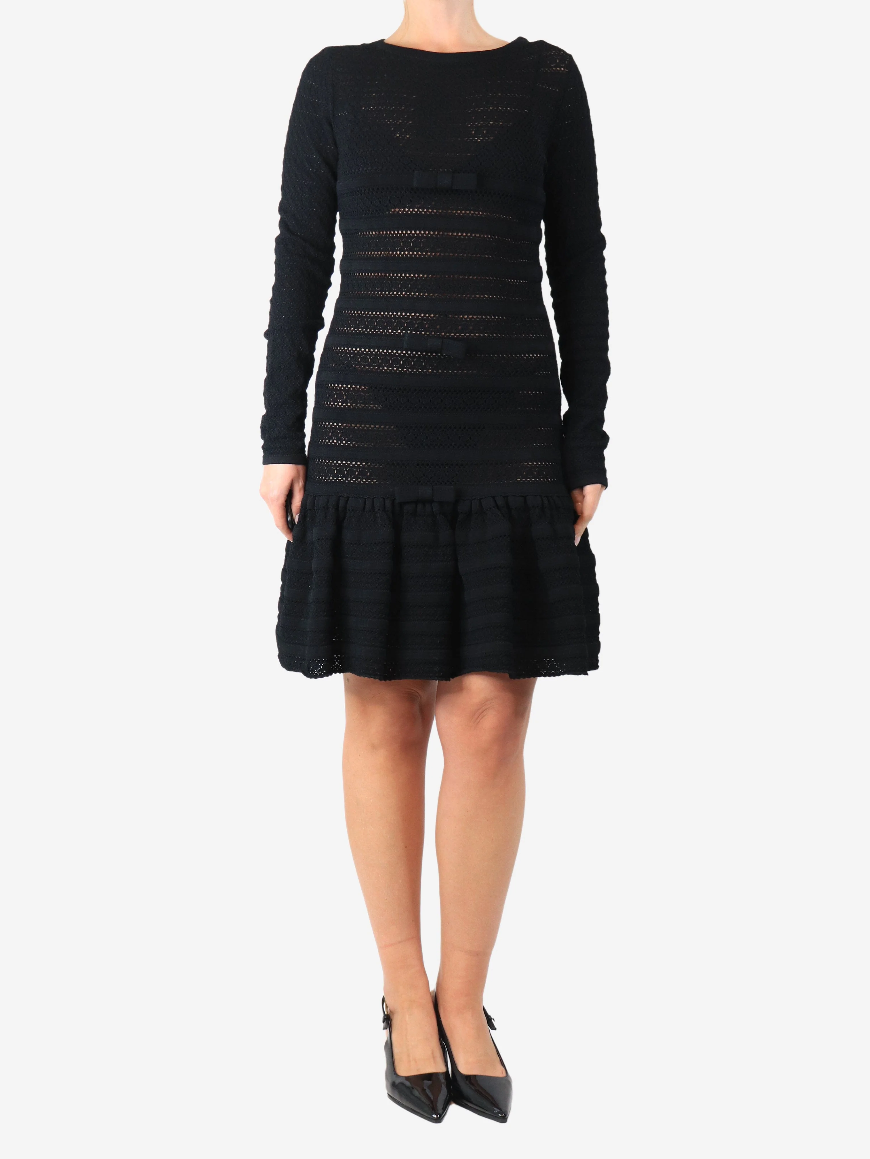 Black long-sleeve bow detail midi dress - size M