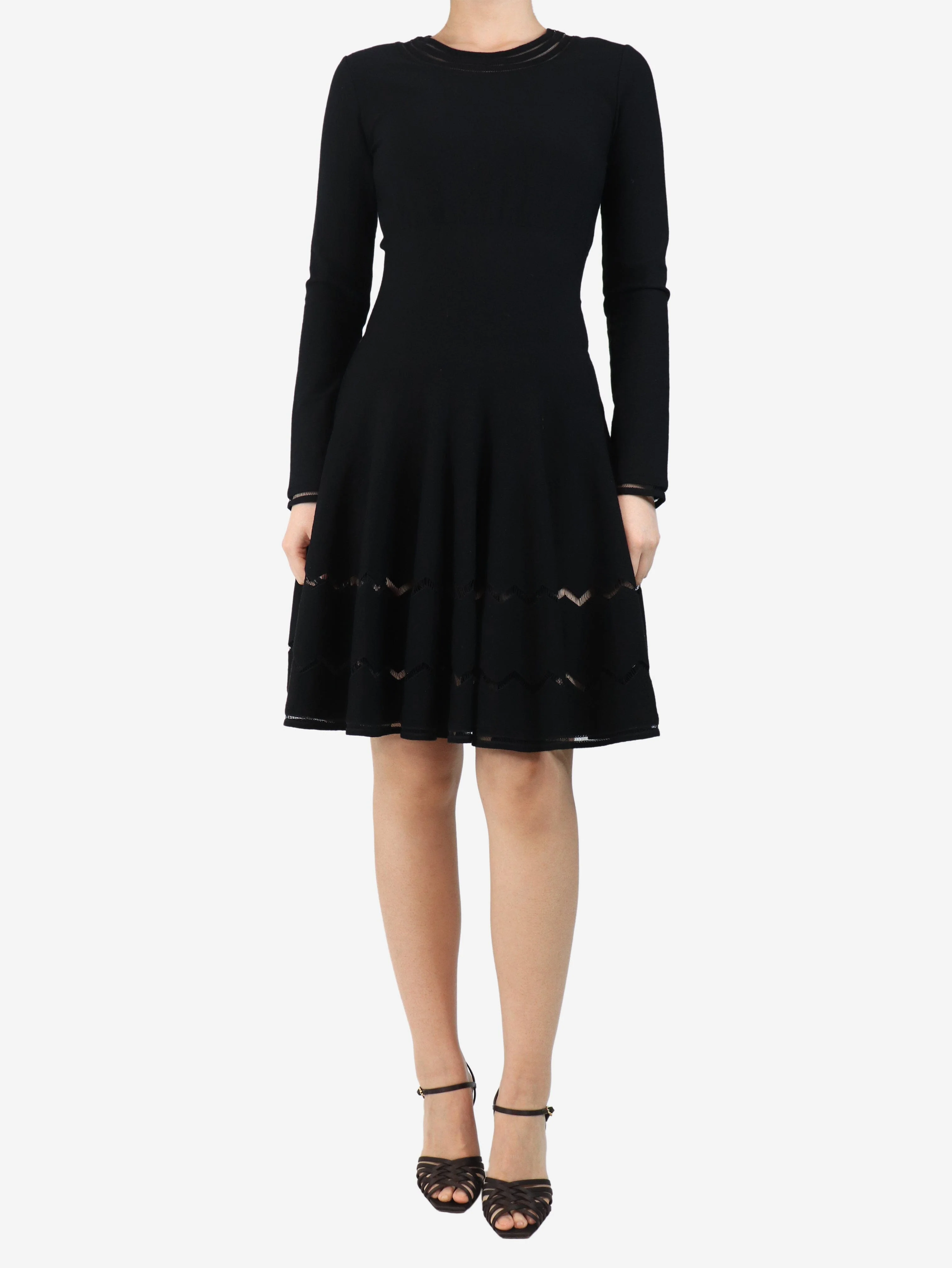 Black long-sleeve knit skater dress - size UK 10