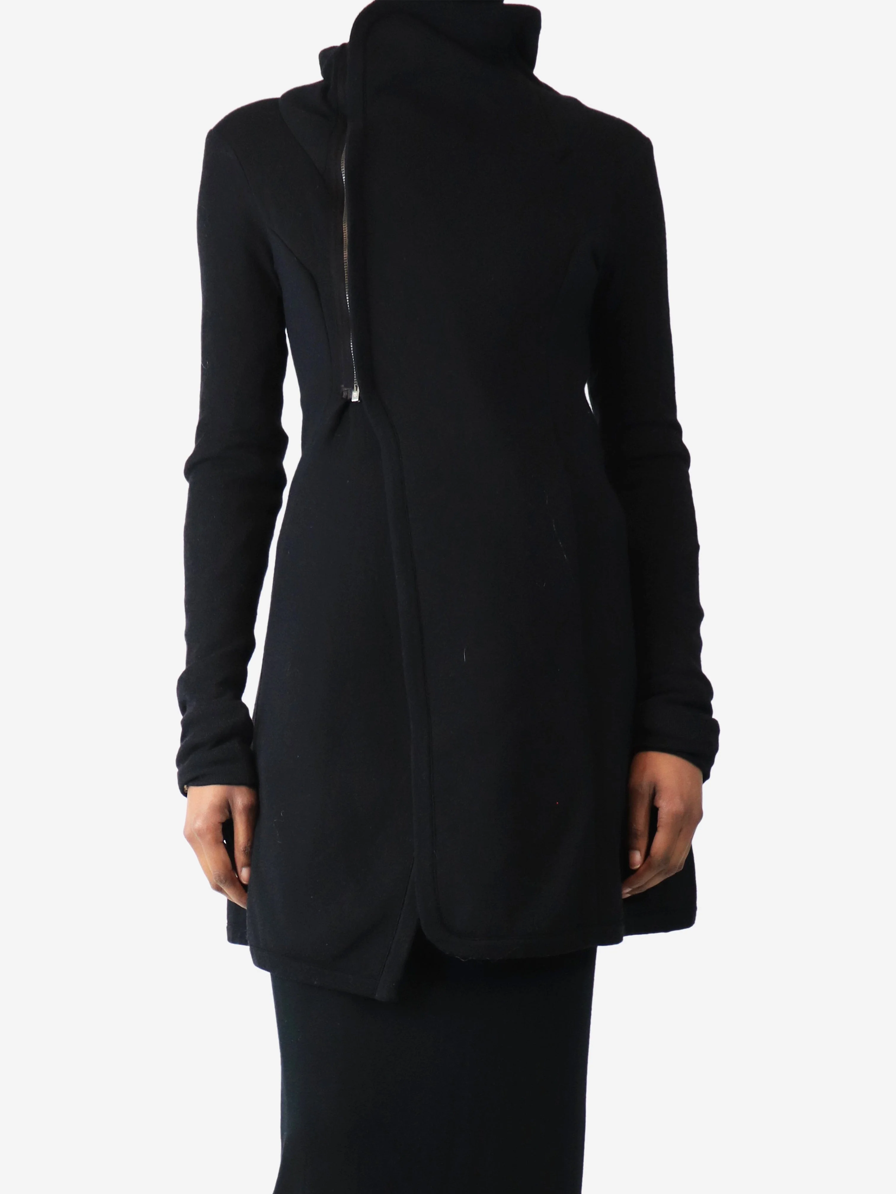 Black longline zipped knit jacket - size UK 8
