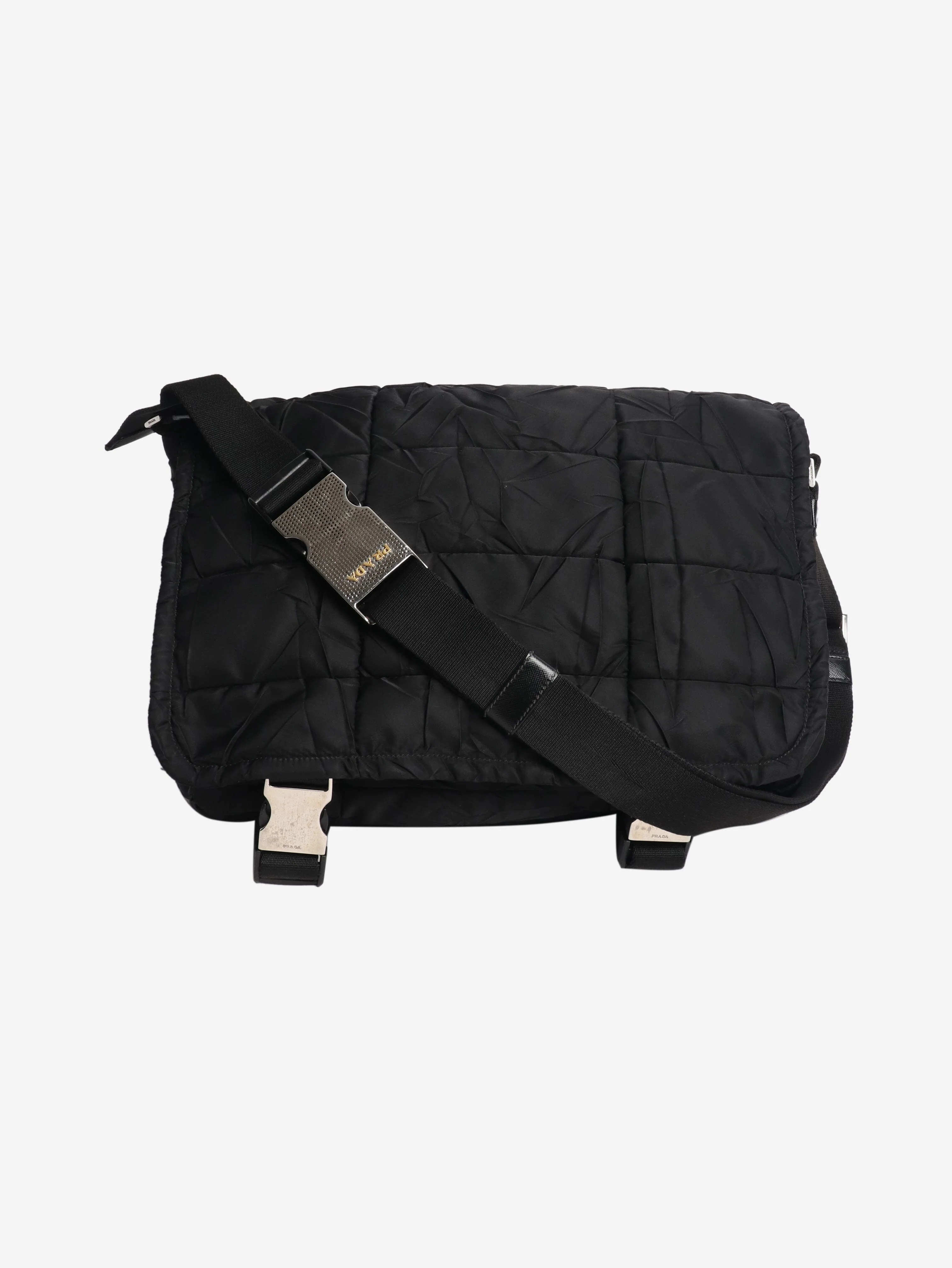 Black nylon puffer messenger bag