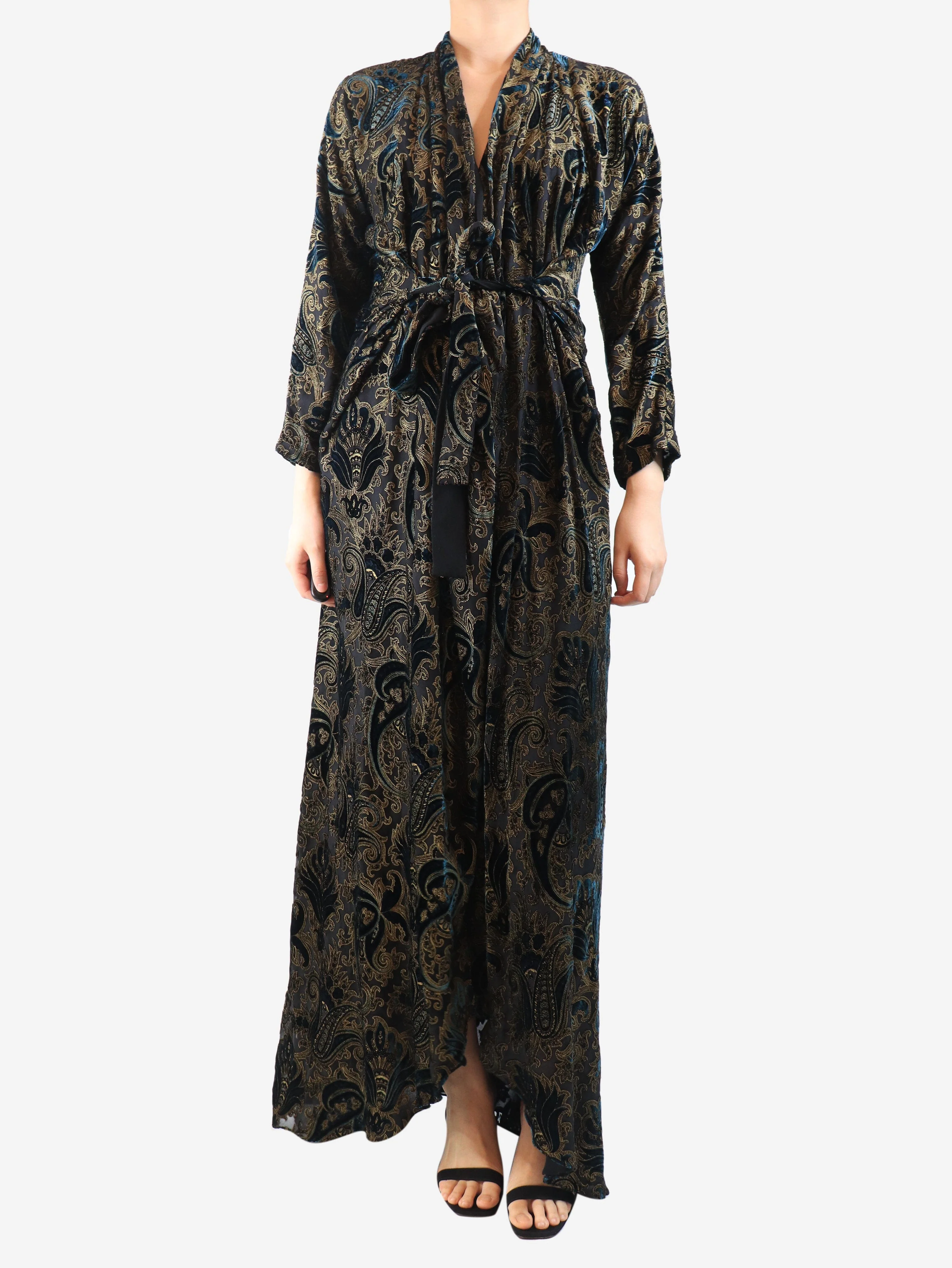 Black paisley velour maxi dress - size UK 10