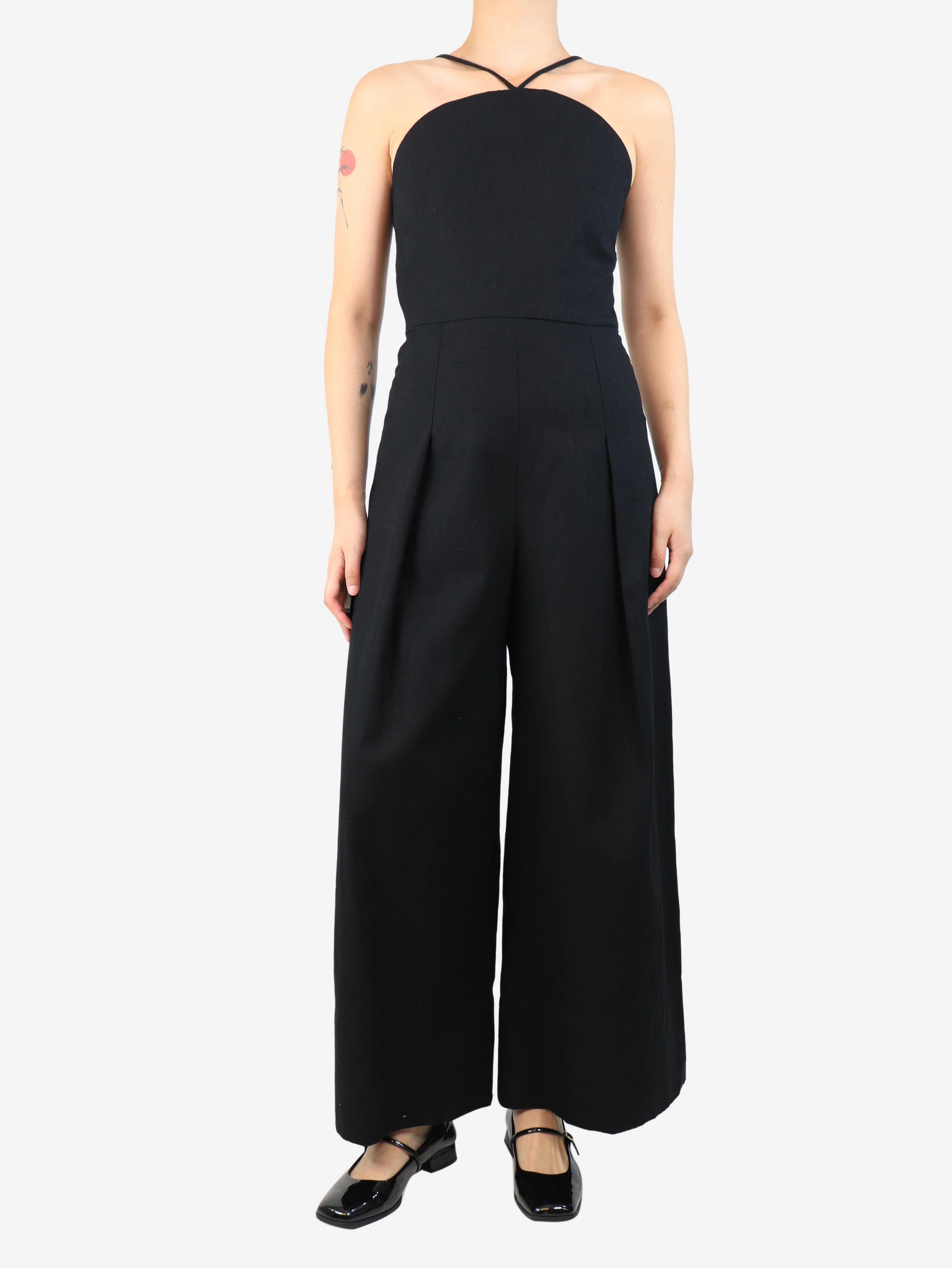 Black pleated wide-leg jumpsuit - size UK 8