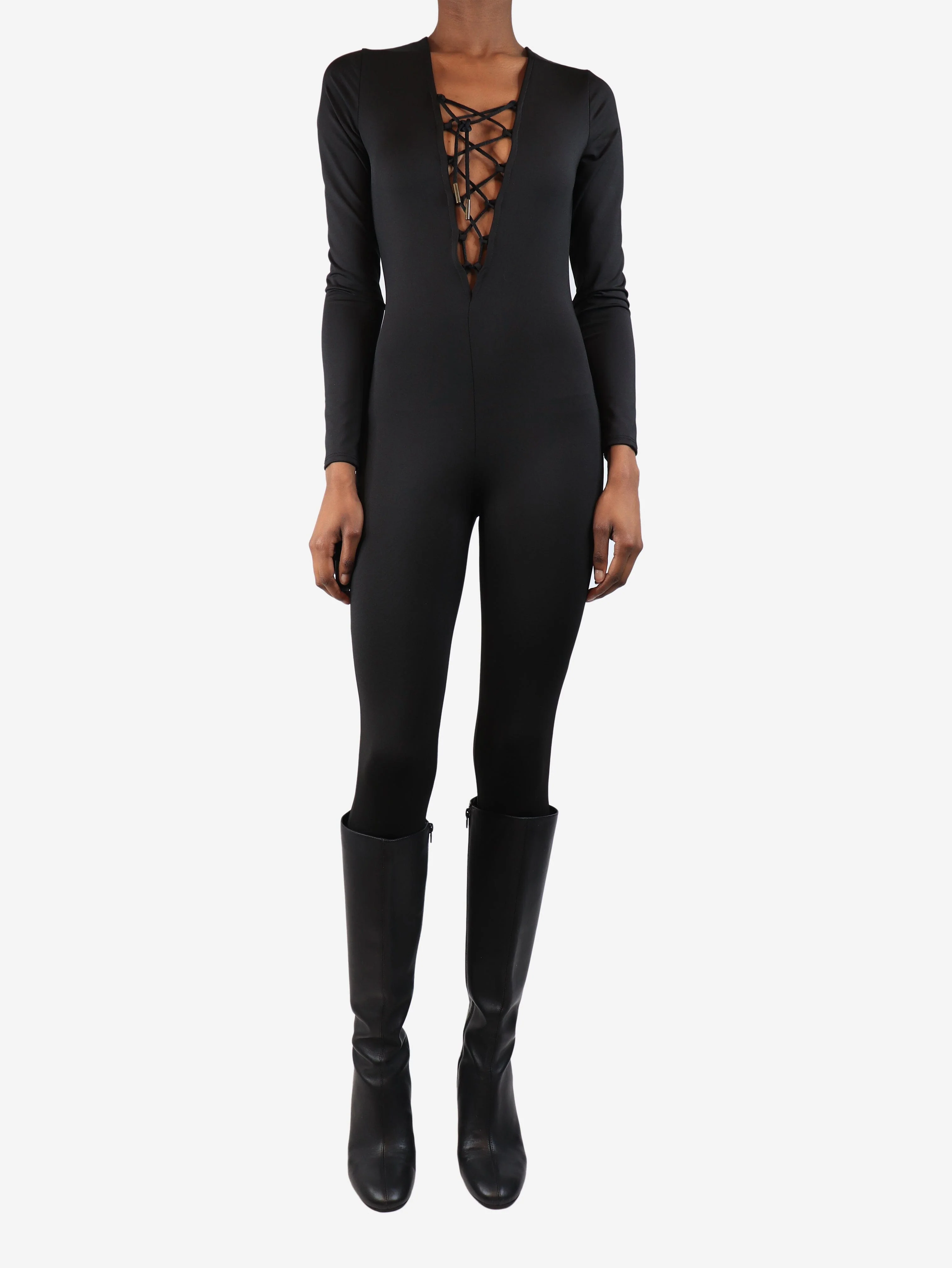 Black satin lace-up catsuit - size S - Image 3